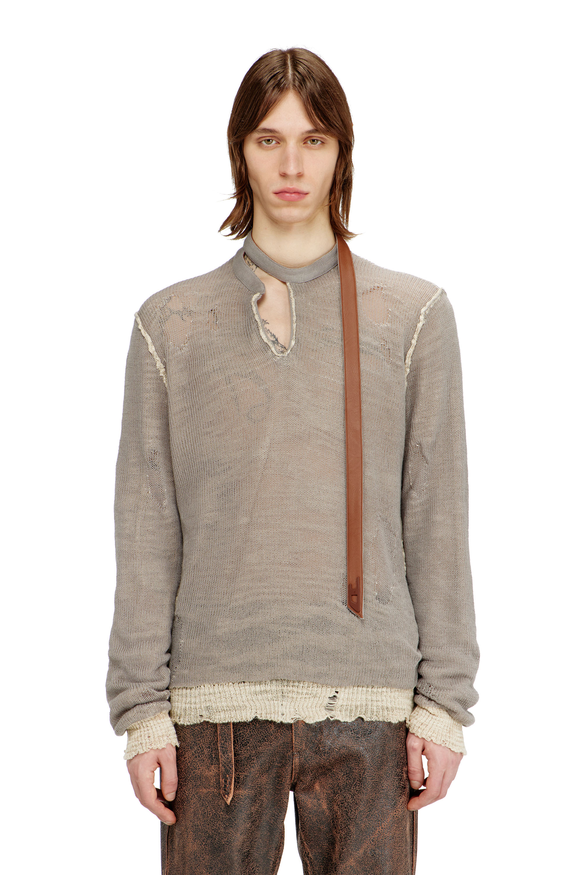 Diesel - K-DAIANERIS, Man's Distressed jumper with biker neck strap in Brown - 3
