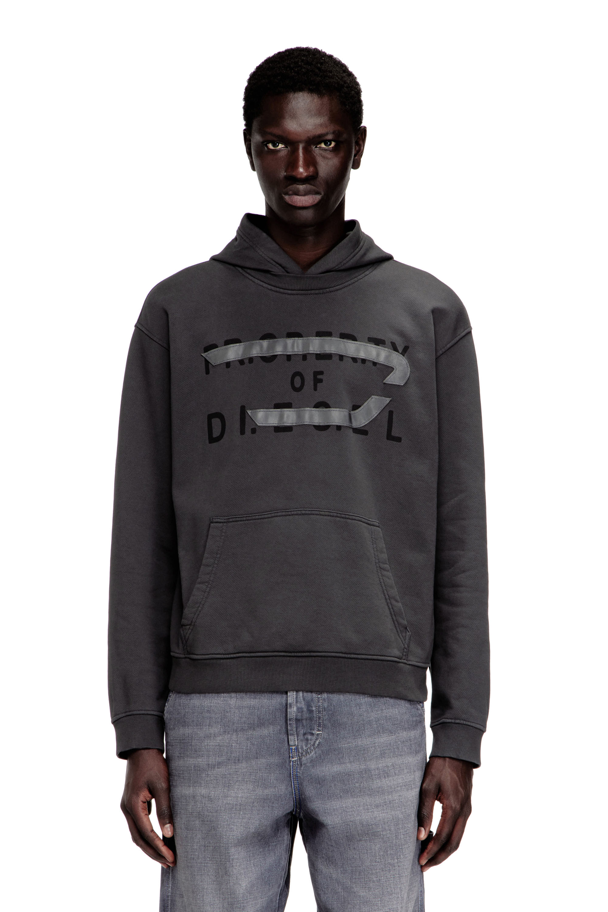 Diesel - S-NORMAN-HOOD, Man's Cotton hoodie with D appliqu&eacute; in Dark grey - 1