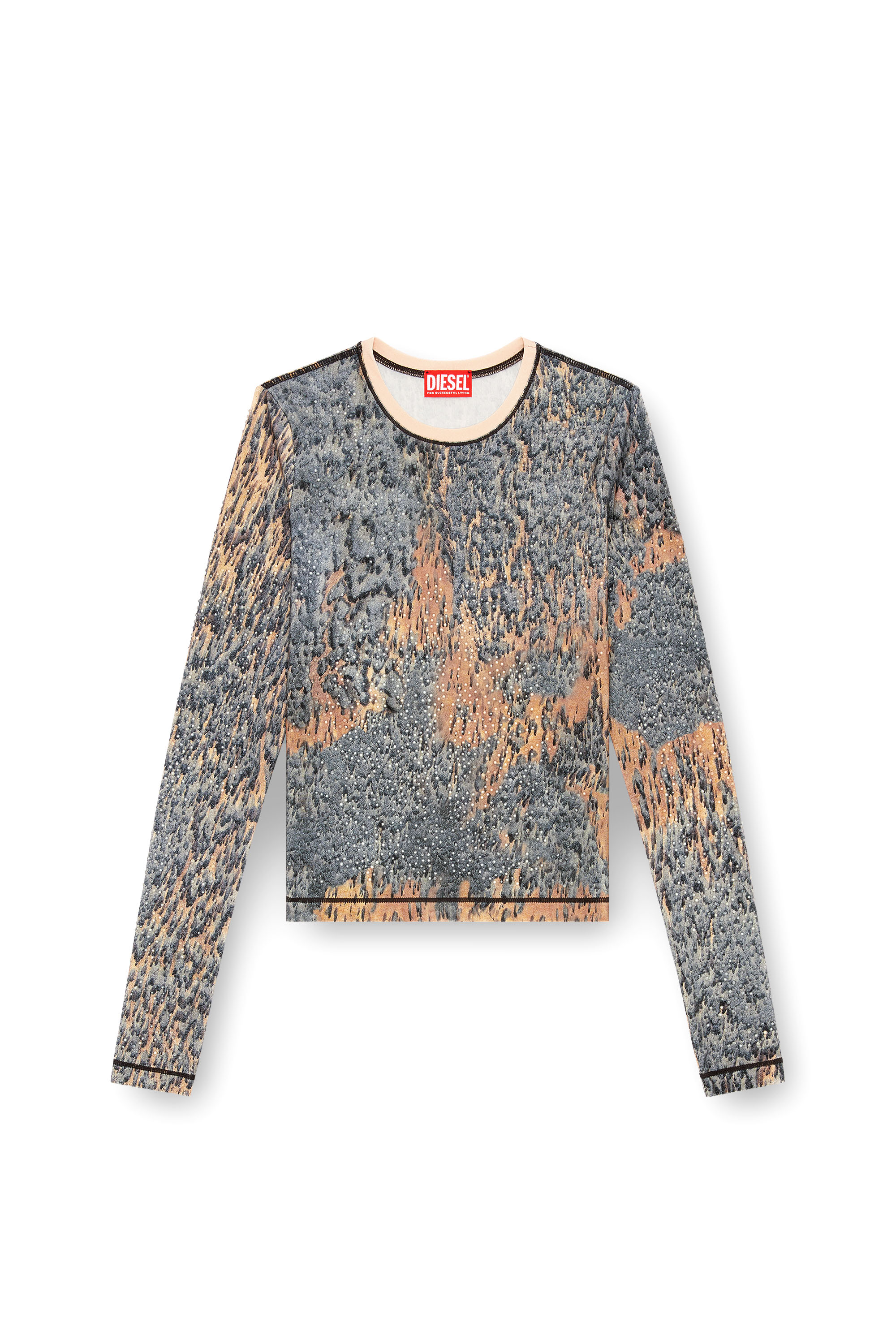 Diesel - T-CUTIE-LS, Woman's Top with crystals and Rain Camo print in Beige/Grey - 4