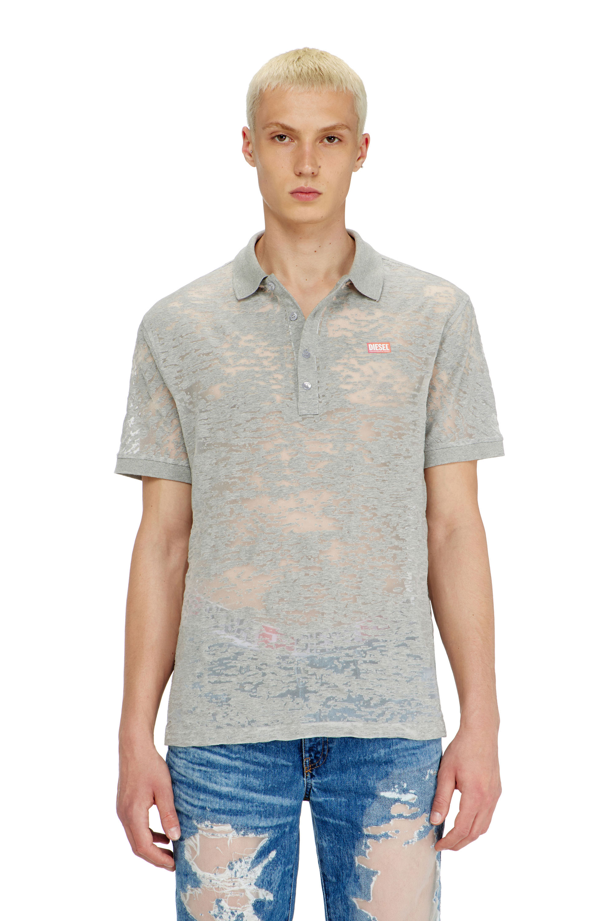 Diesel - PR-T-REJUST, Man's Polo shirt in all-over devor&eacute; jersey in Light Grey - 2