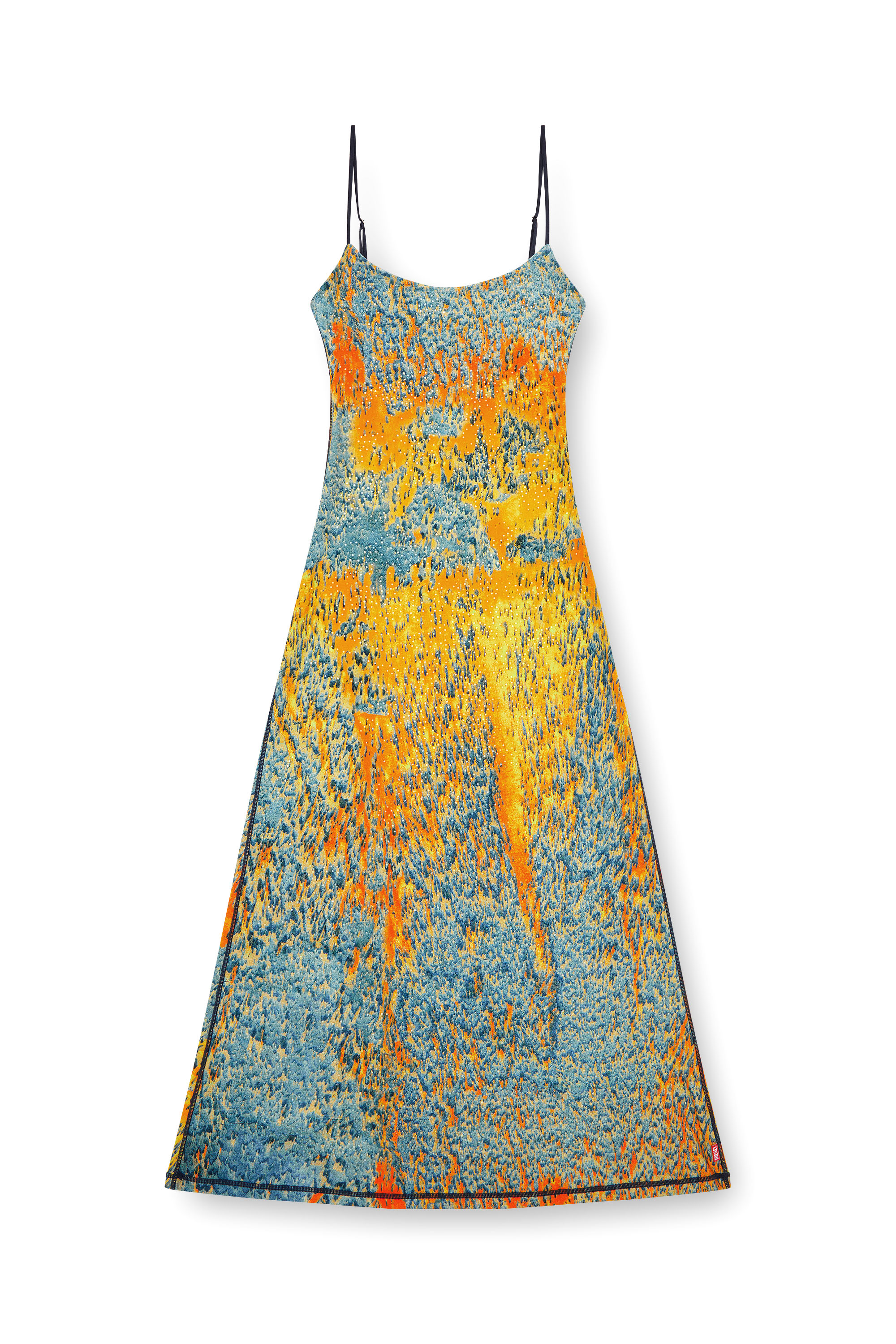 Diesel - D-AMOUR, Woman's Long printed dress with clear crystals in Blue/Orange - 5