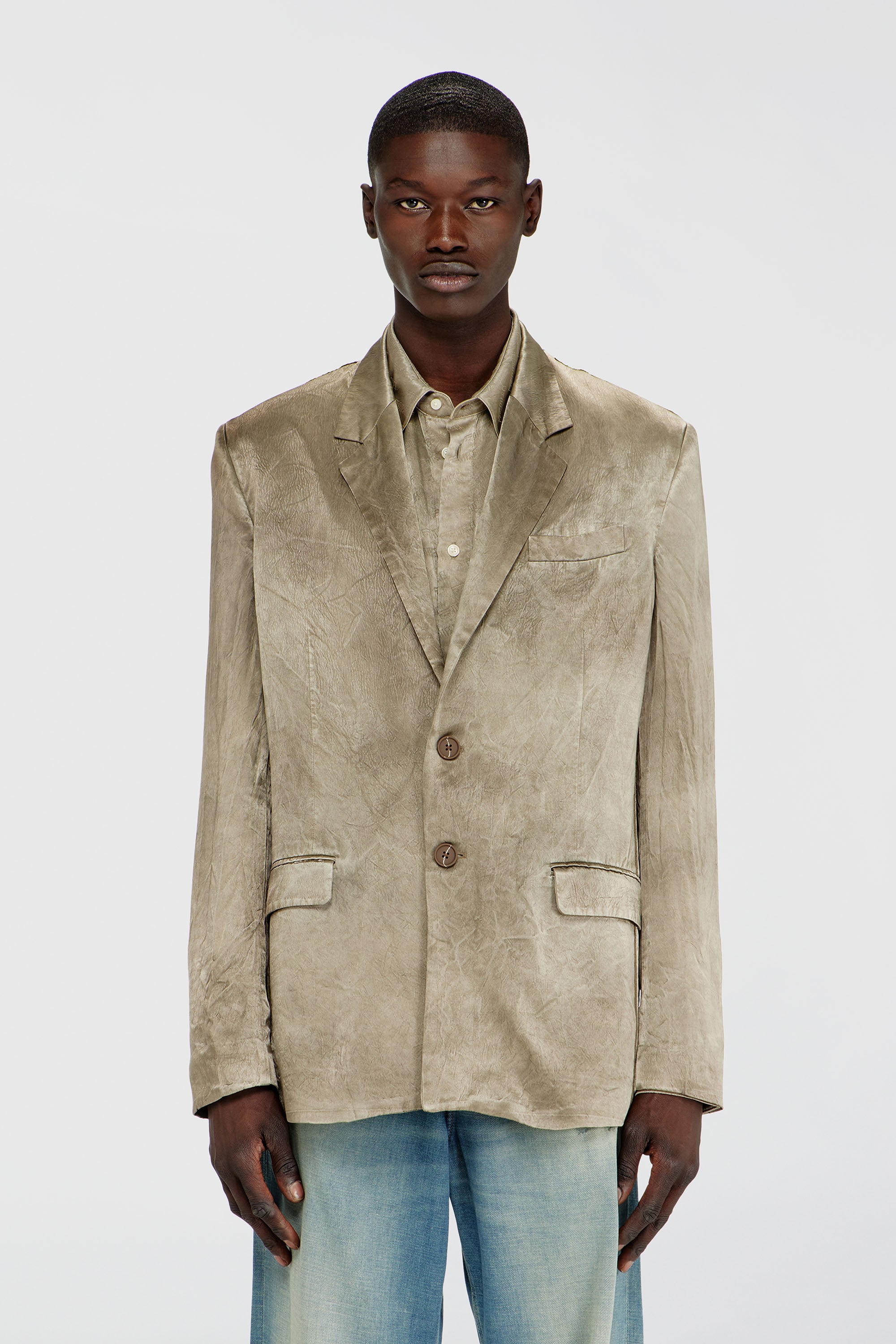 Diesel - J-ANDRE, Man's Blazer in wrinkled satin in Light Brown - 1