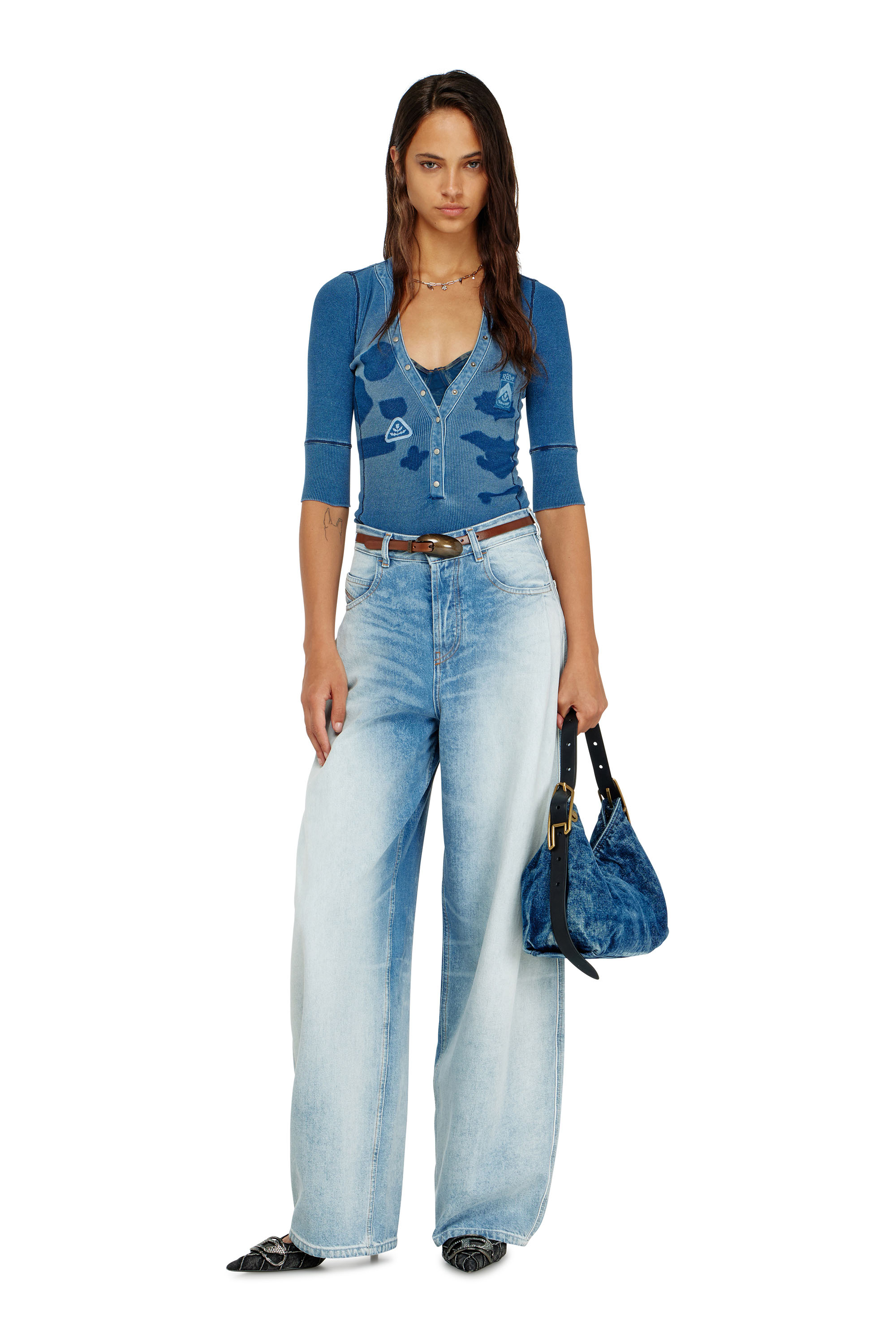 Diesel - T-EREME, Woman's Henley top with shadow-patch effects in Medium blue - 2