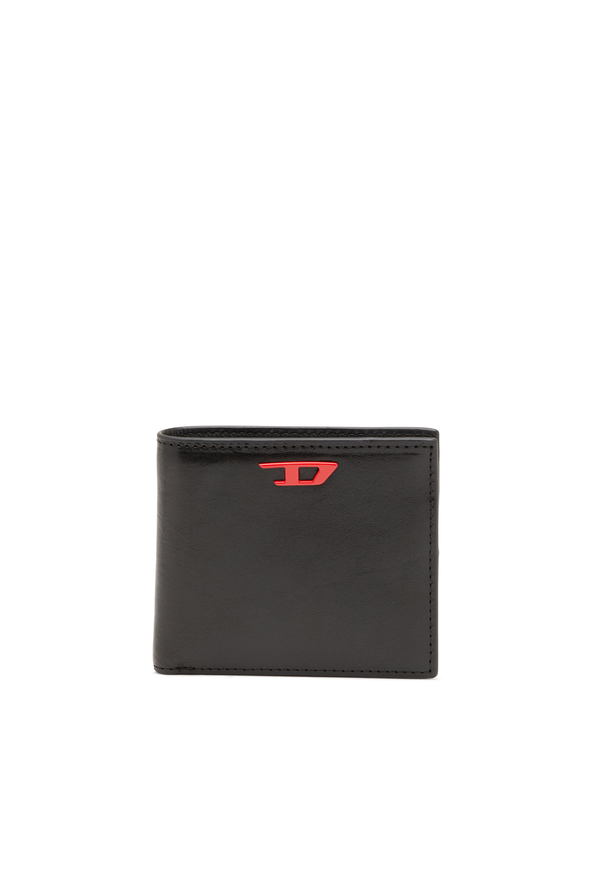 Leather bi-fold wallet with red D plaque
