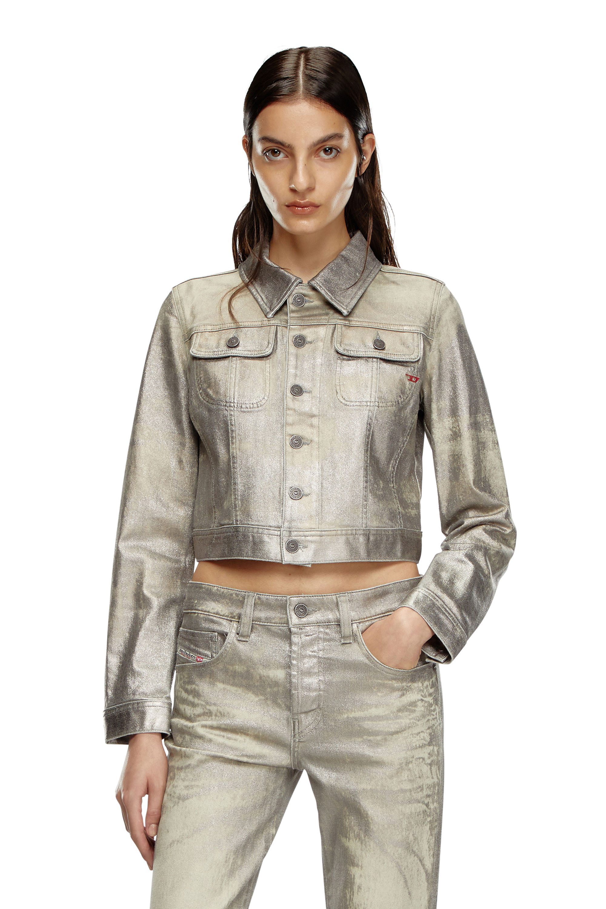 Diesel - DE-SLIMMY-S1, Woman's Trucker jacket in shiny denim canvas in Grey - 1