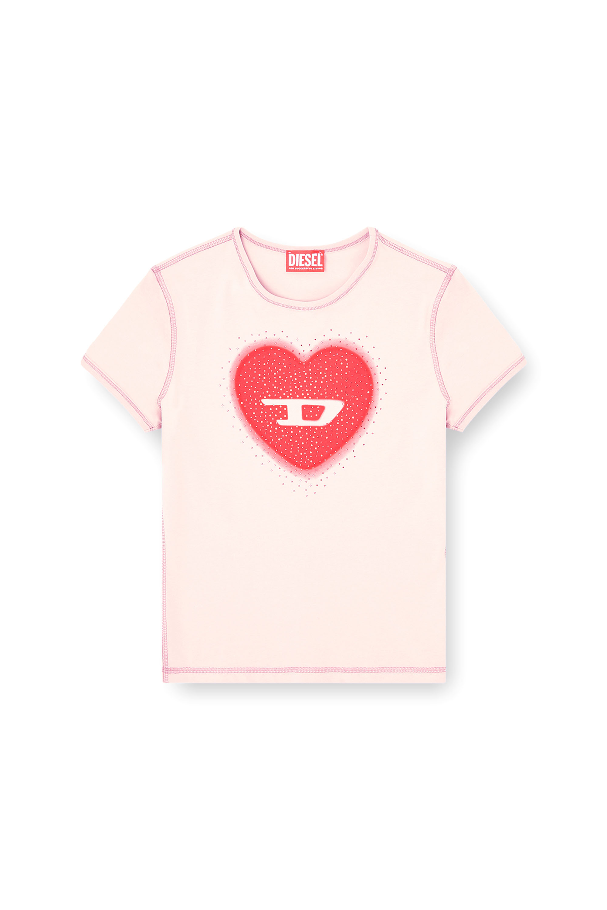 Diesel - T-UNCUTIES-LONG-S5, Woman's Slim T-shirt with heart print and studs in Pink - 3