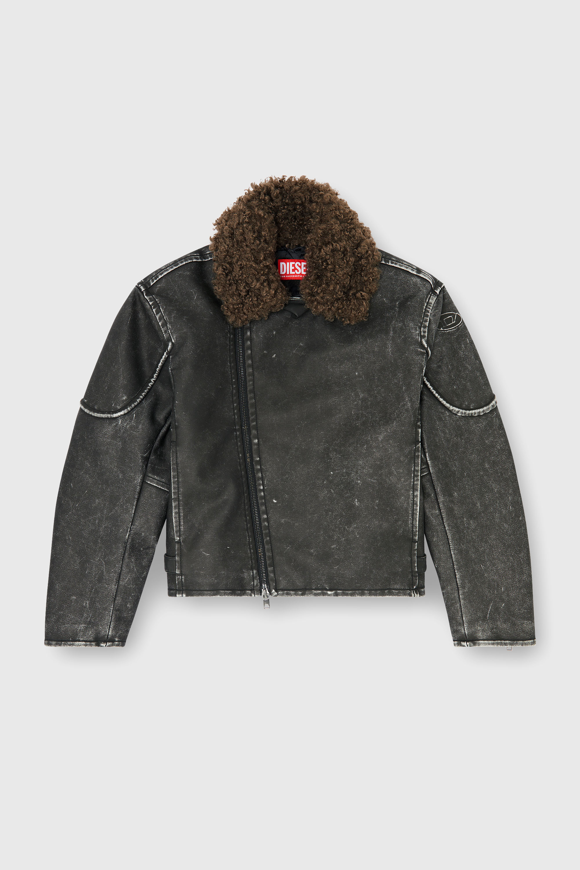 Diesel - W-ALEX, Man's Biker jacket with detachable collar in Dark grey - 2