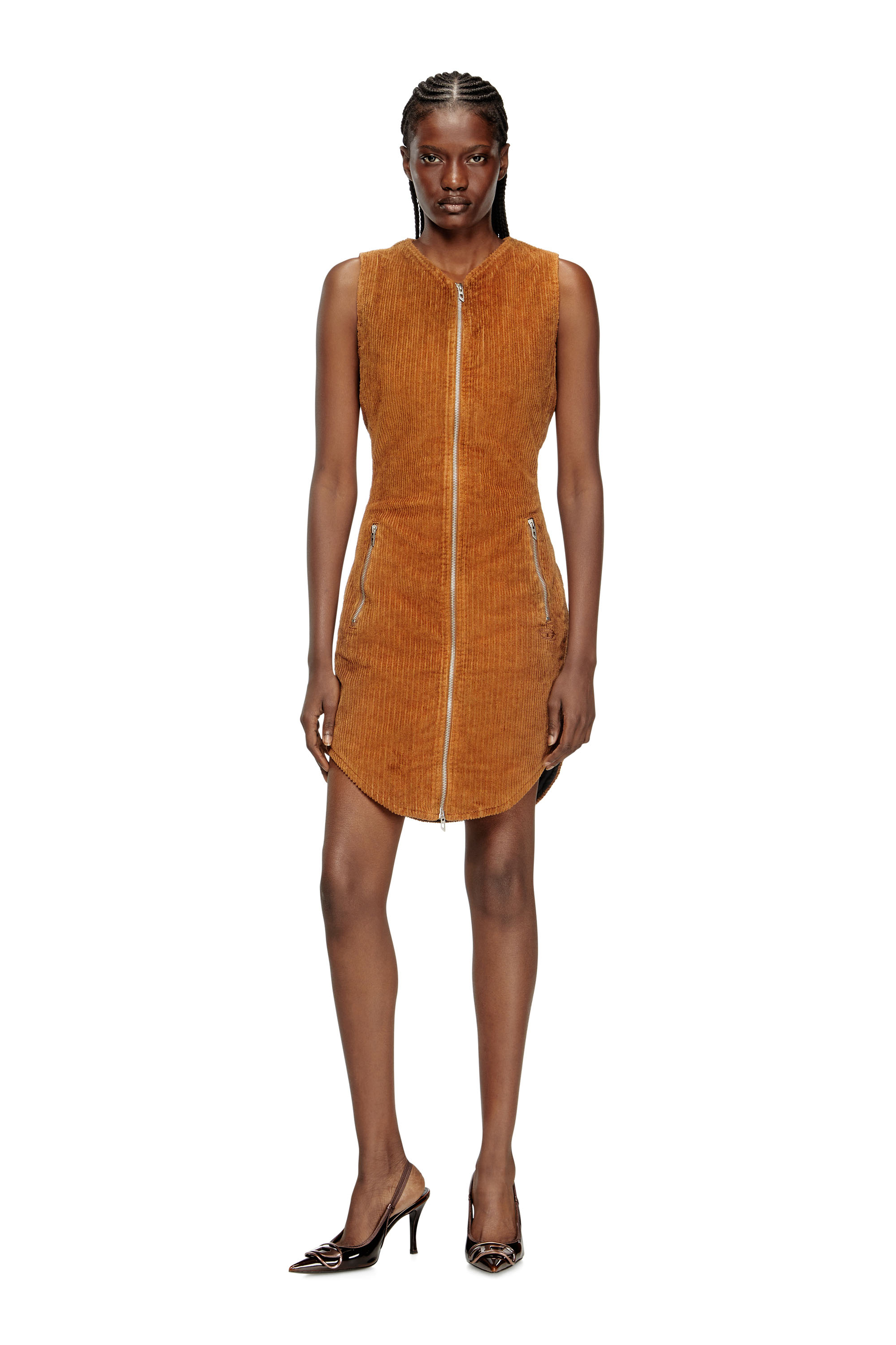 Diesel - D-ENEA, Woman's Cotton mini dress with front zipper in Brown - 3