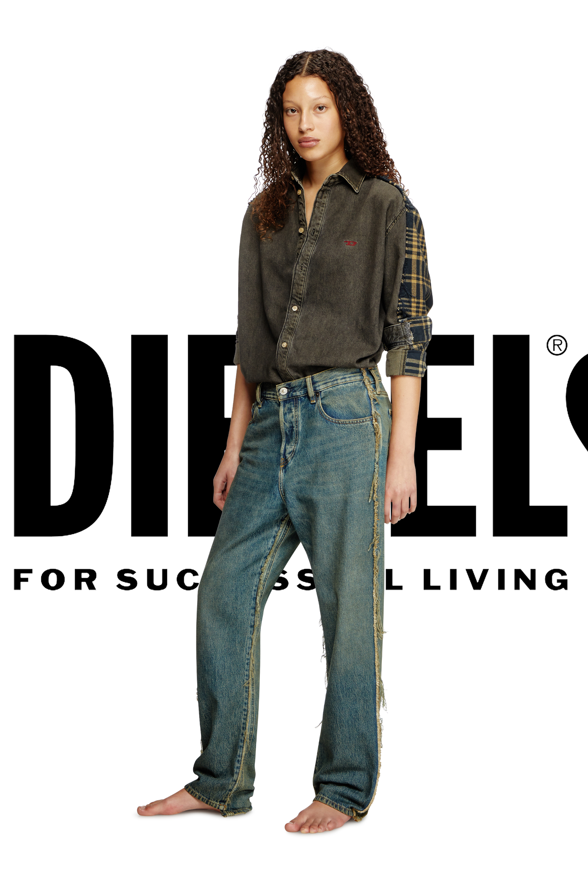 Diesel - Shirt Dieseloves 5A, Unisex's Overdyed denim and check and shirt in Black/Blue - 3