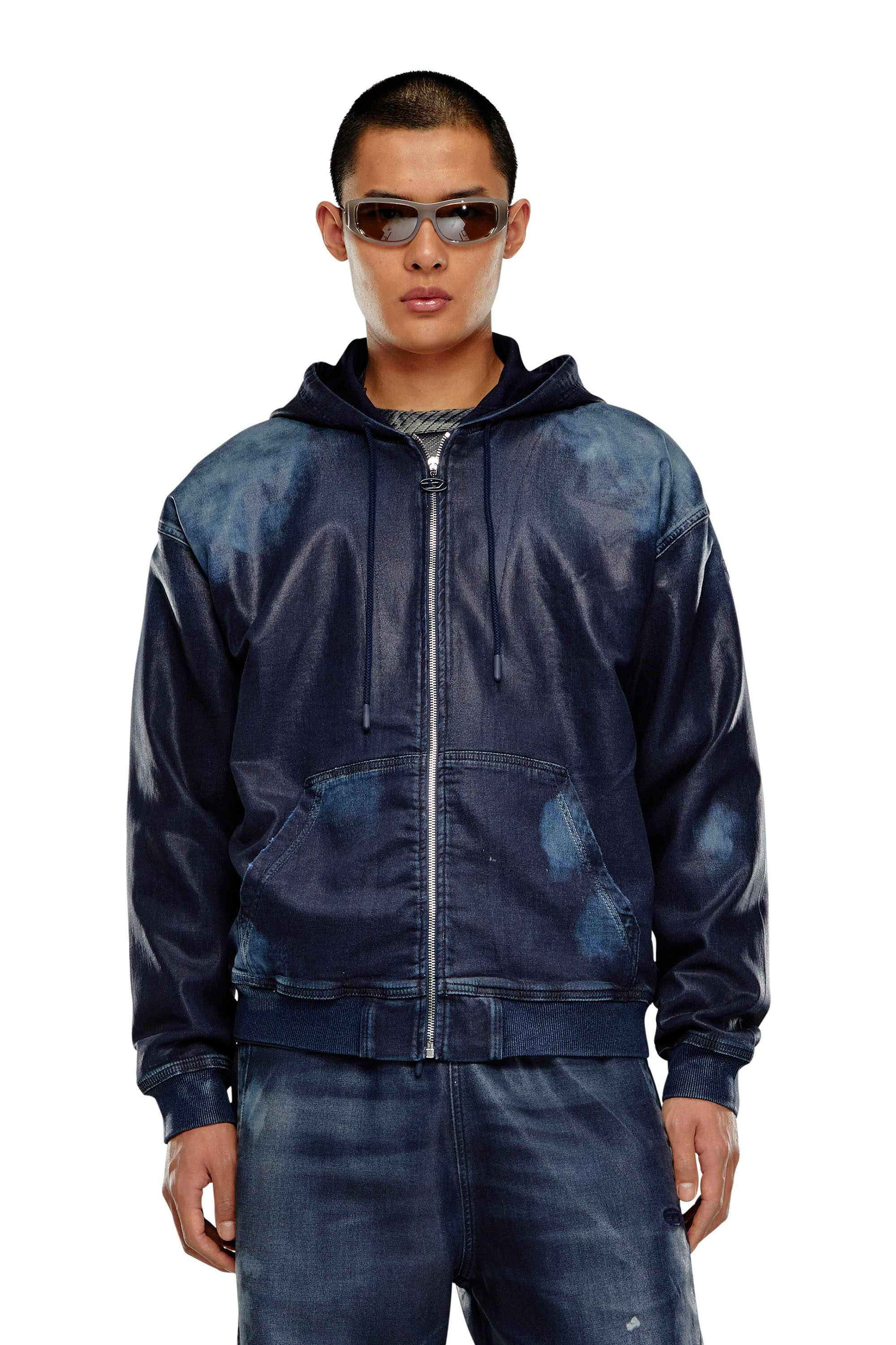 Zip-up hoodie in coated Track Denim