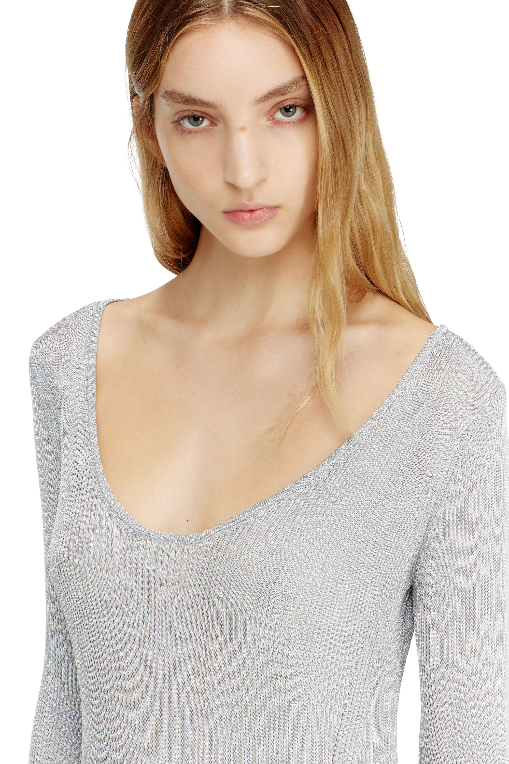 Diesel - M-DALILA, Woman's Short dress in metallic ribbed knit in Light Grey - 4