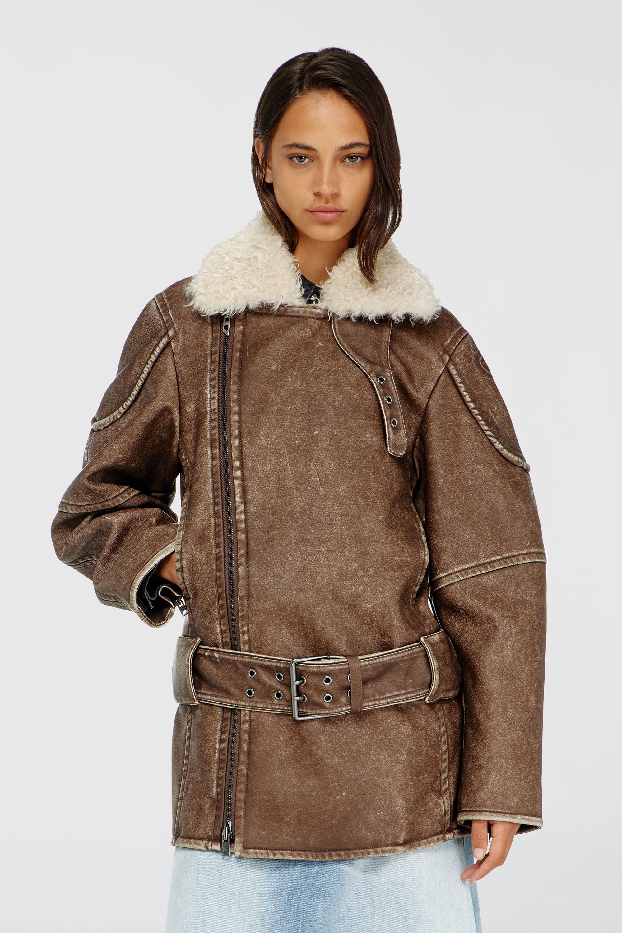 Diesel - G-EYSER, Woman's Double-breasted aviator-biker coat in Brown - 1
