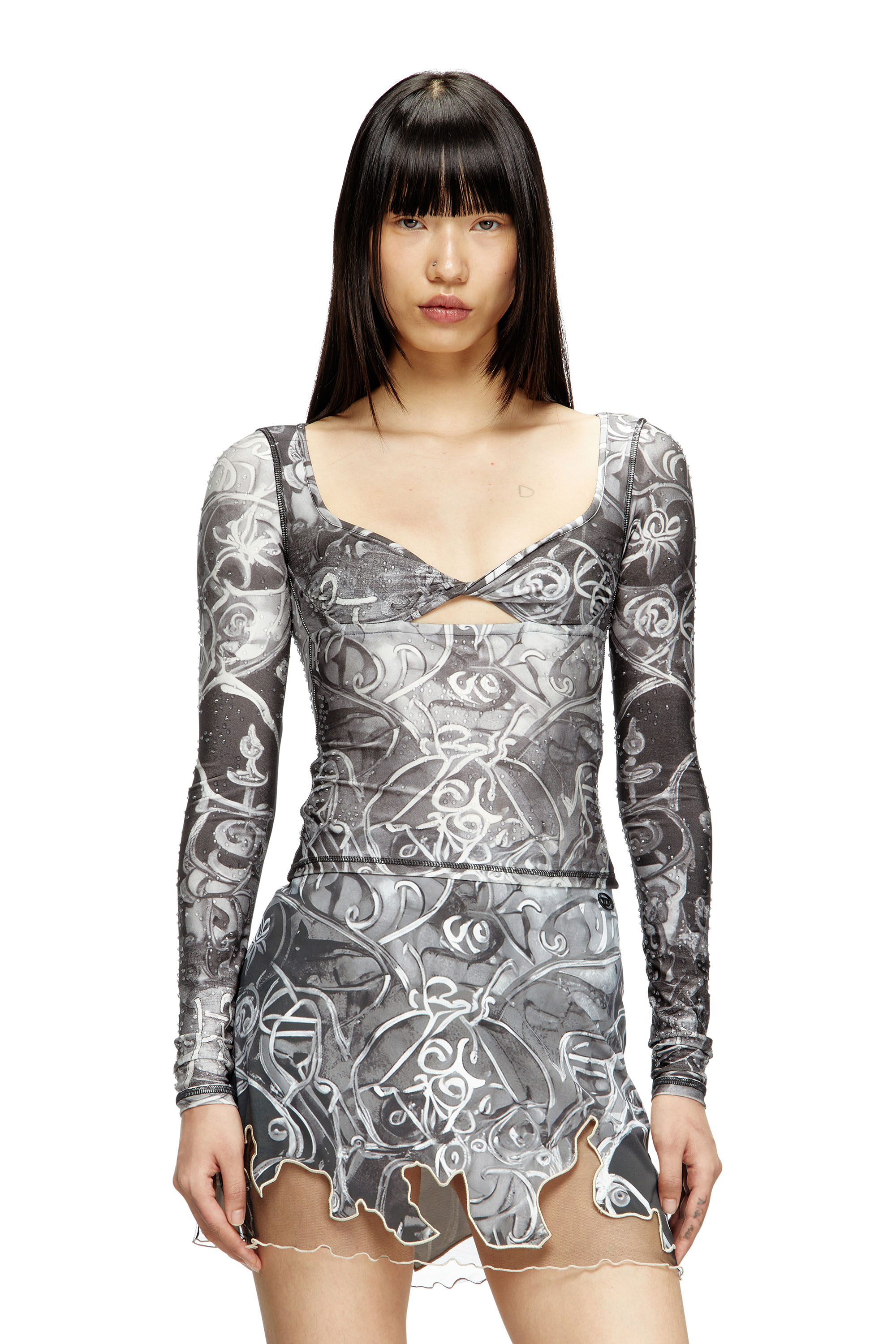 Diesel - T-ANTICA-LS, Woman's Printed top with crystal droplets in Grey - 3