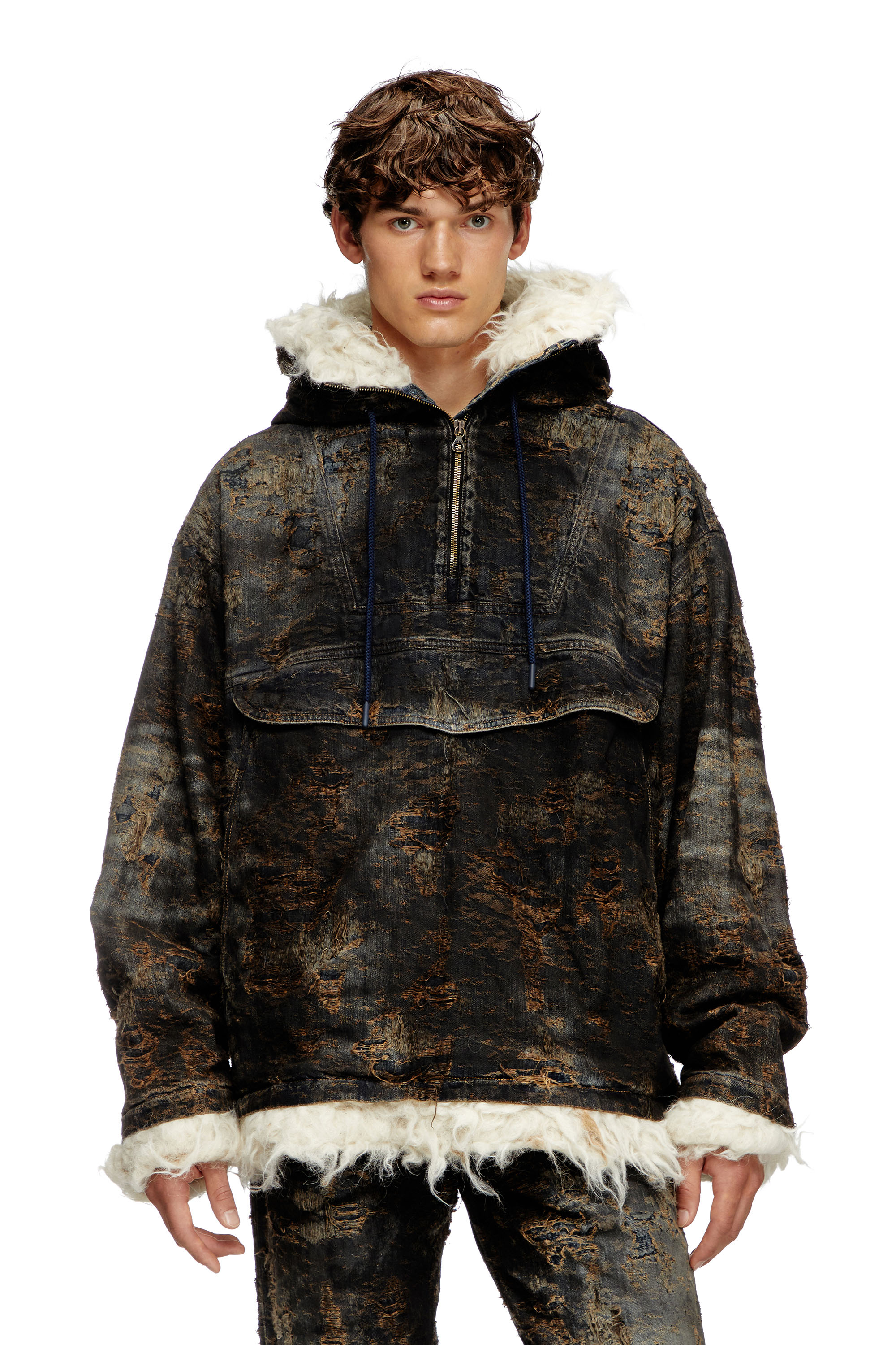 Anorak in coated jacquard denim