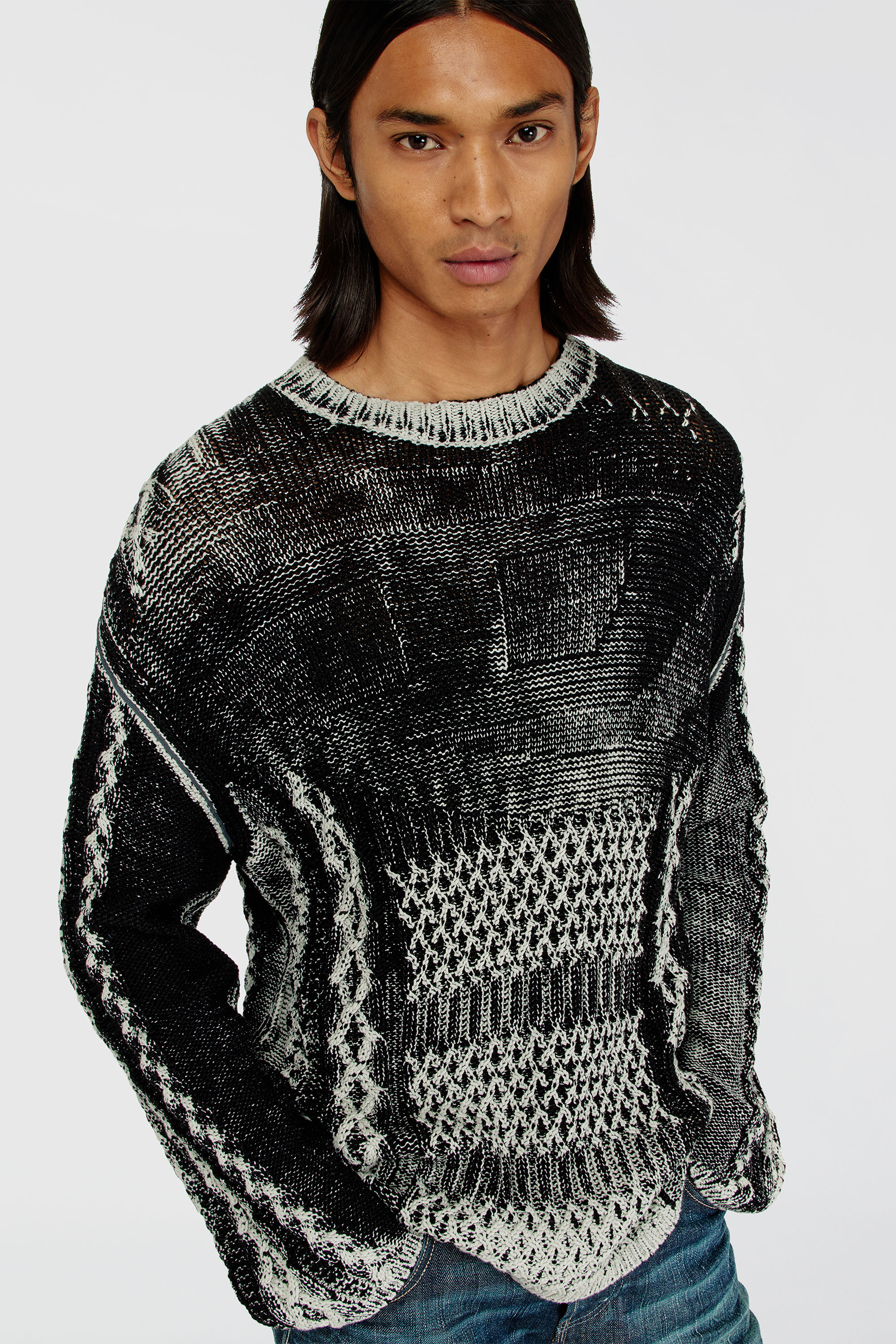 Diesel - K-MIONE, Man's Treated cable-knit jumper in Grey/Black - 5