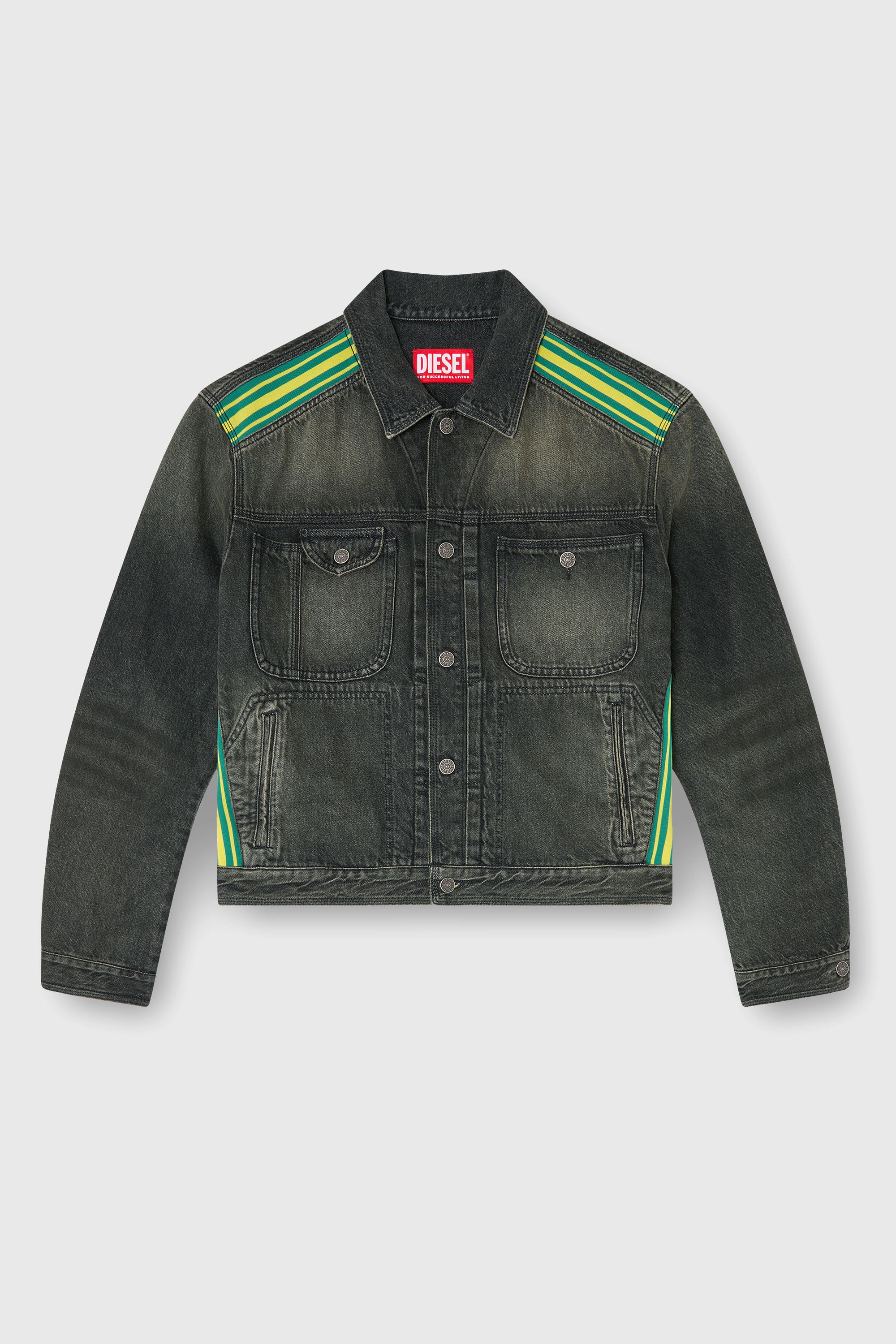 Diesel - D-BAS-FSJ1, Man's Trucker jacket with striped shoulder bands in Dark grey - 2