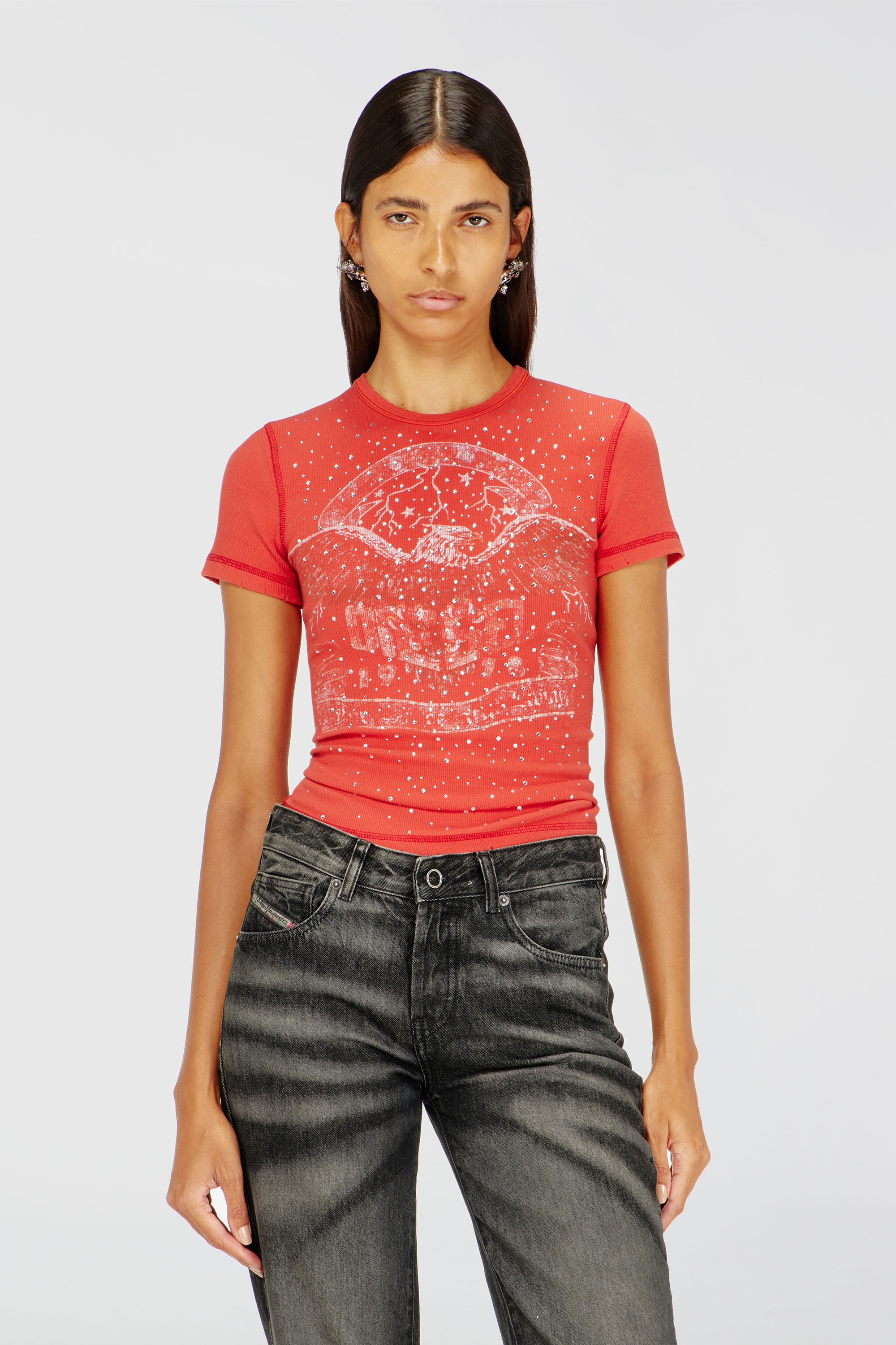 Diesel - T-MARSY-RIB-CRY, Woman's T-shirt with concert graphics and crystals in null - 1