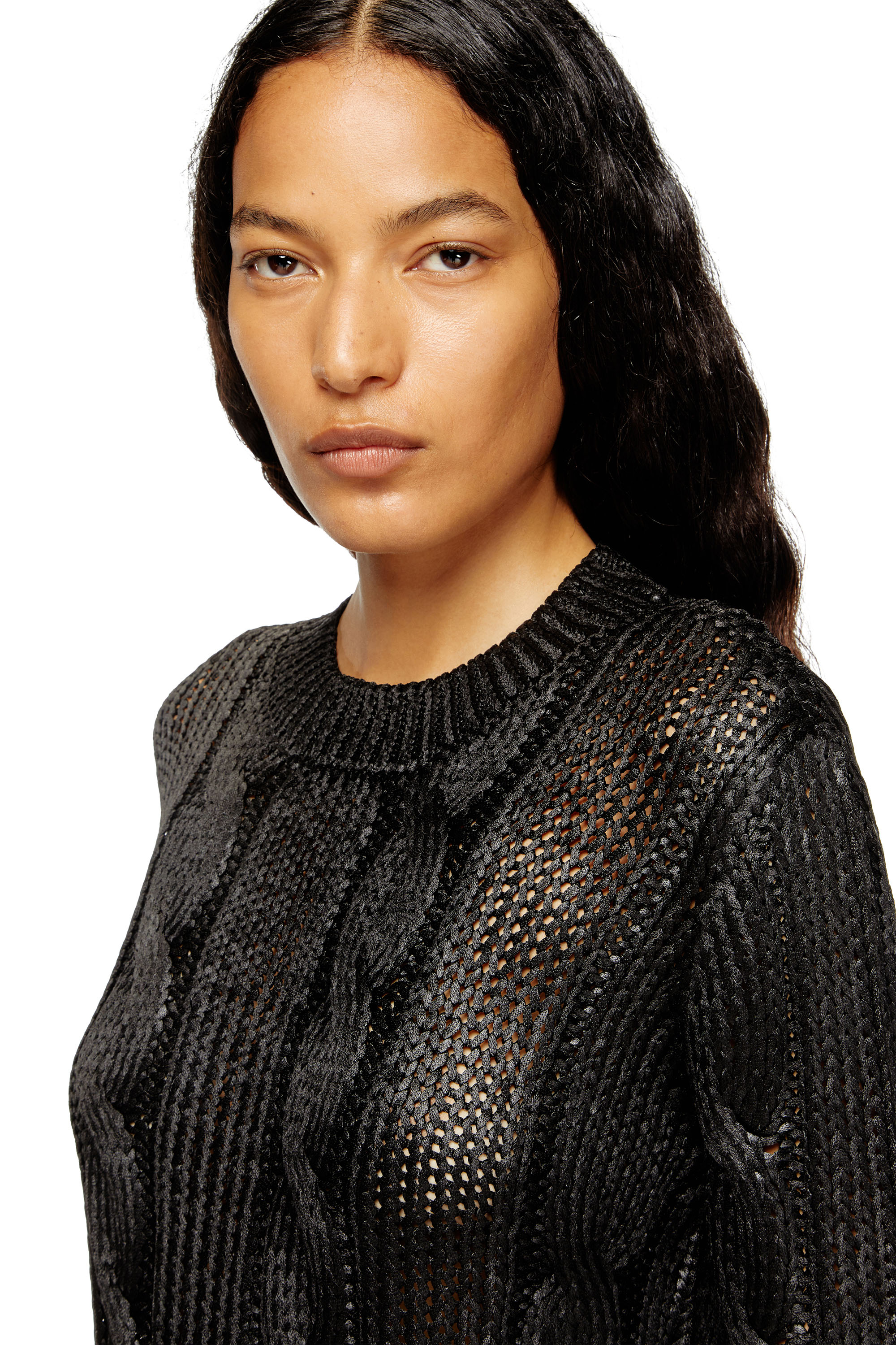 Diesel - M-MICCHA, Woman's Cable-knit jumper with shiny effect in Black - 5