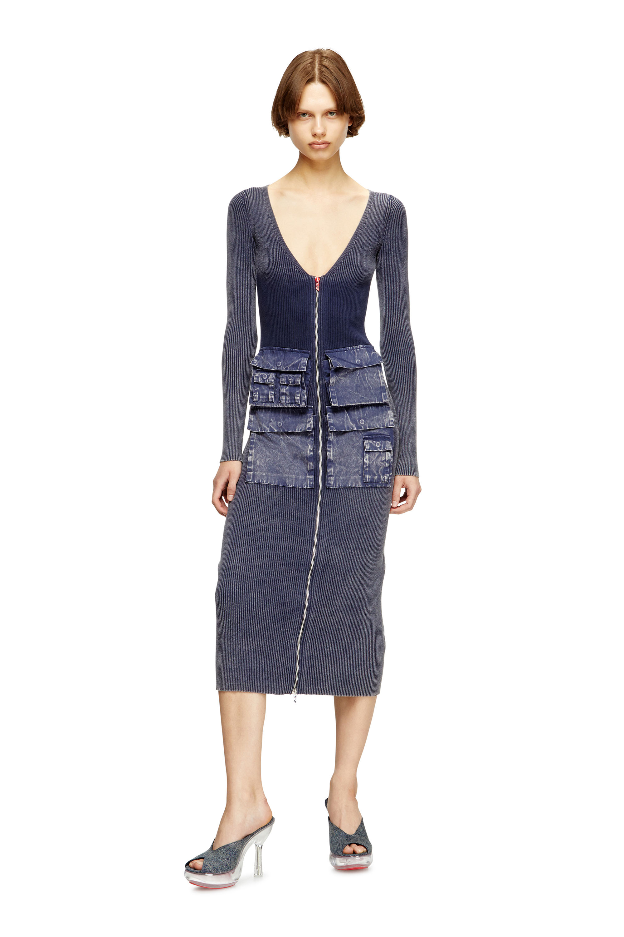 Diesel - M-MELTI-LS, Woman's Ribbed midi dress with denim treatment in Blue - 3