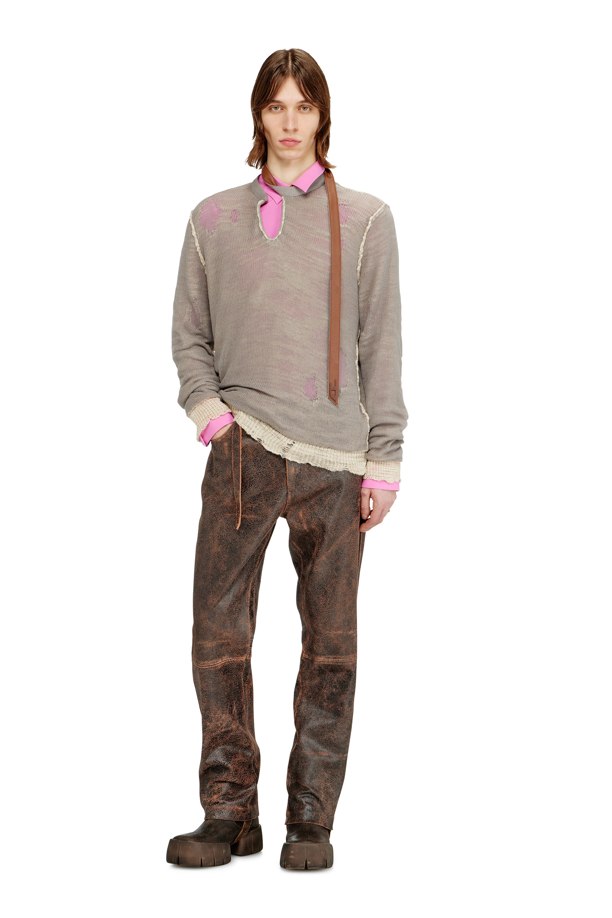 Diesel - K-DAIANERIS, Man's Distressed jumper with biker neck strap in Brown - 2