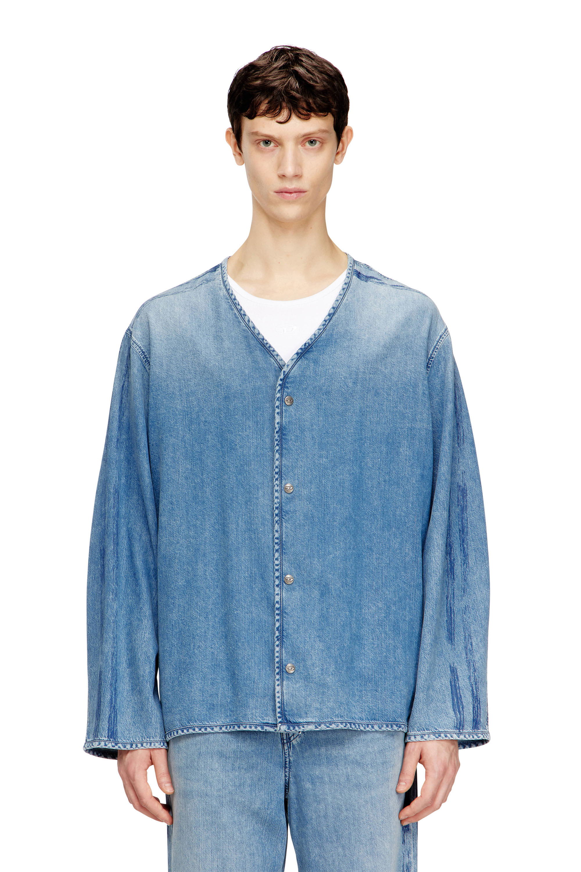Diesel - D-CADI-S, Man's V-neck shirt in fluid denim with stripes in null - 1