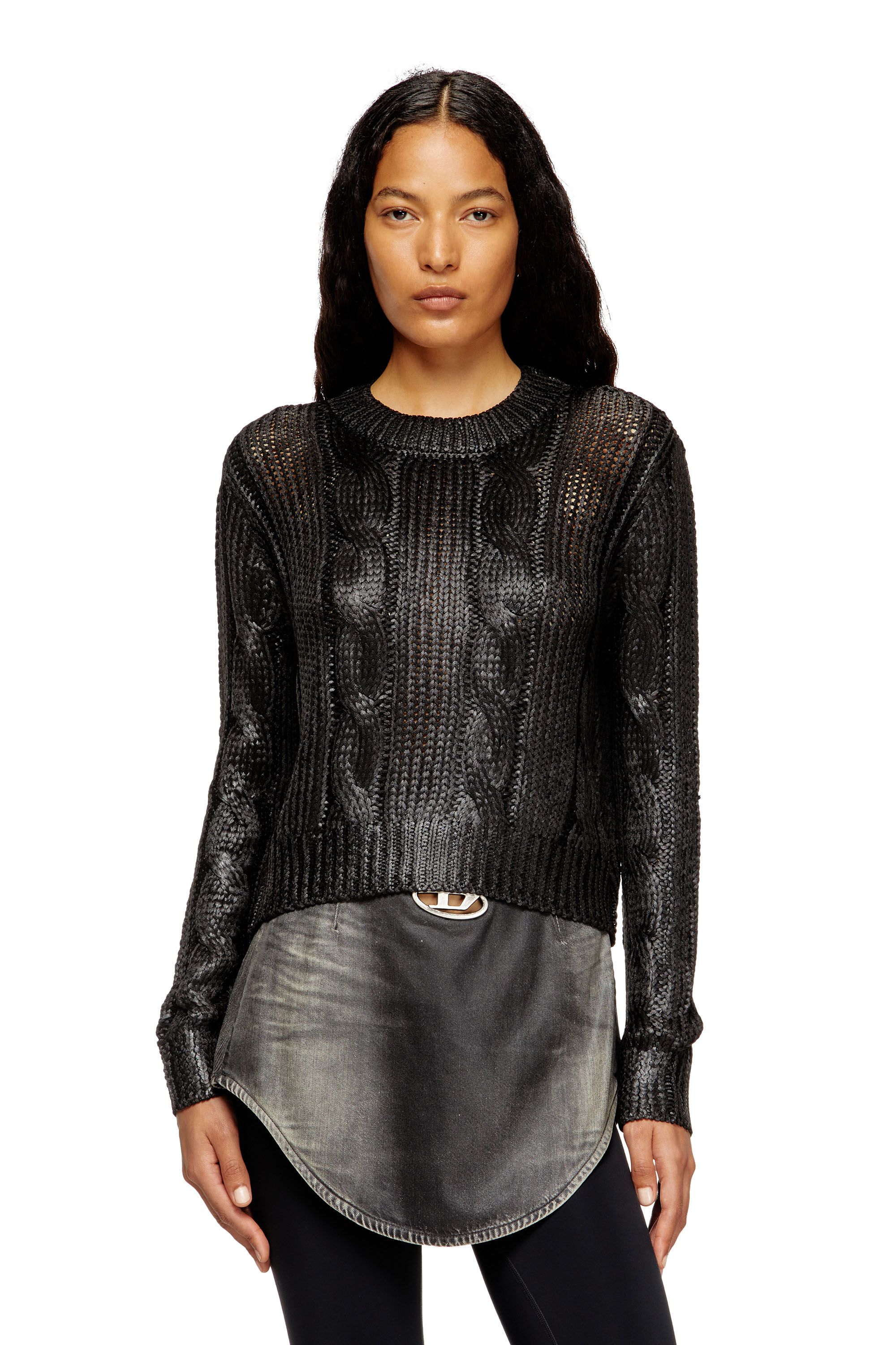 Diesel - M-MICCHA, Woman's Cable-knit jumper with shiny effect in Black - 3