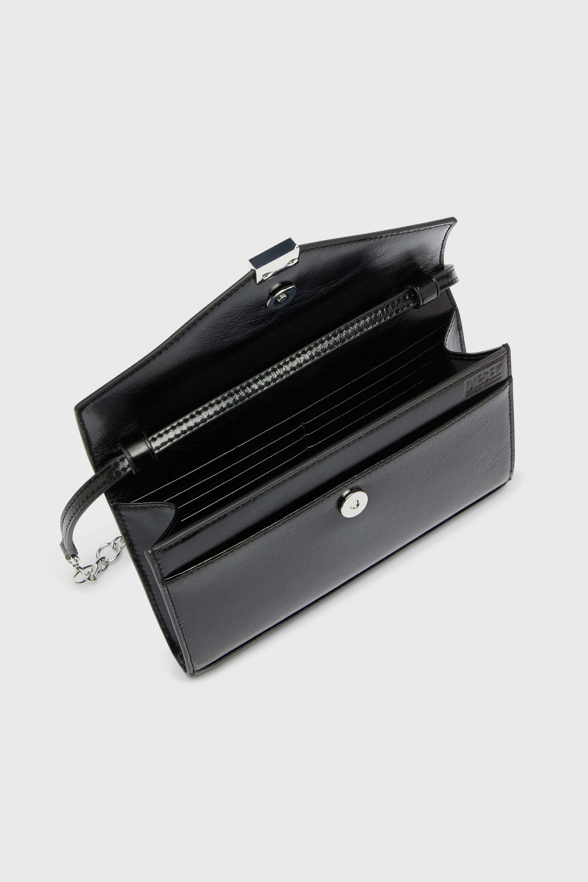 Diesel - D-ENVELOP WALLET ON CHAIN, Woman's Wallet purse in shiny wrinkled leather in Black - 4