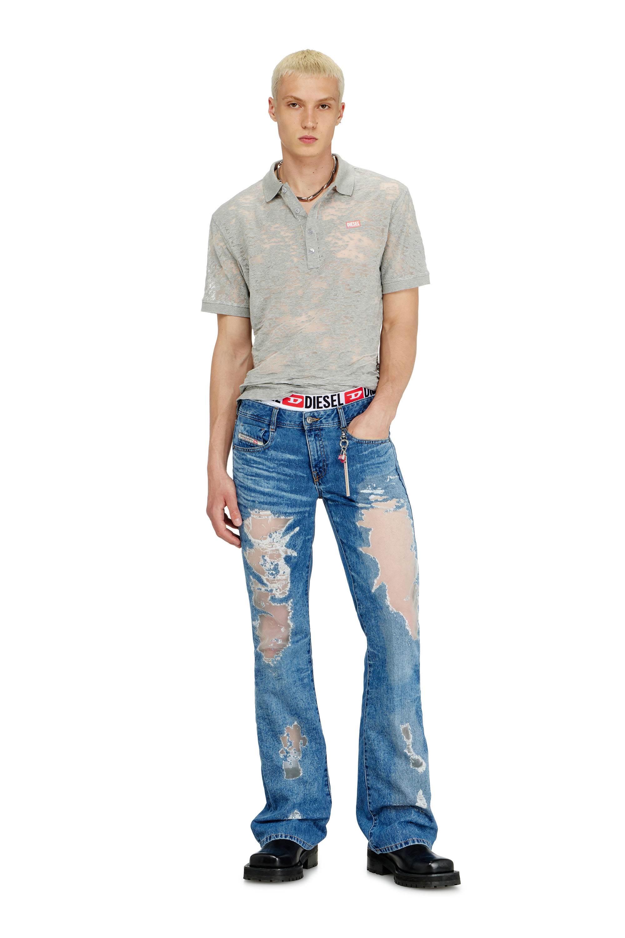 Diesel - PR-T-REJUST, Man's Polo shirt in all-over devor&eacute; jersey in Light Grey - 1