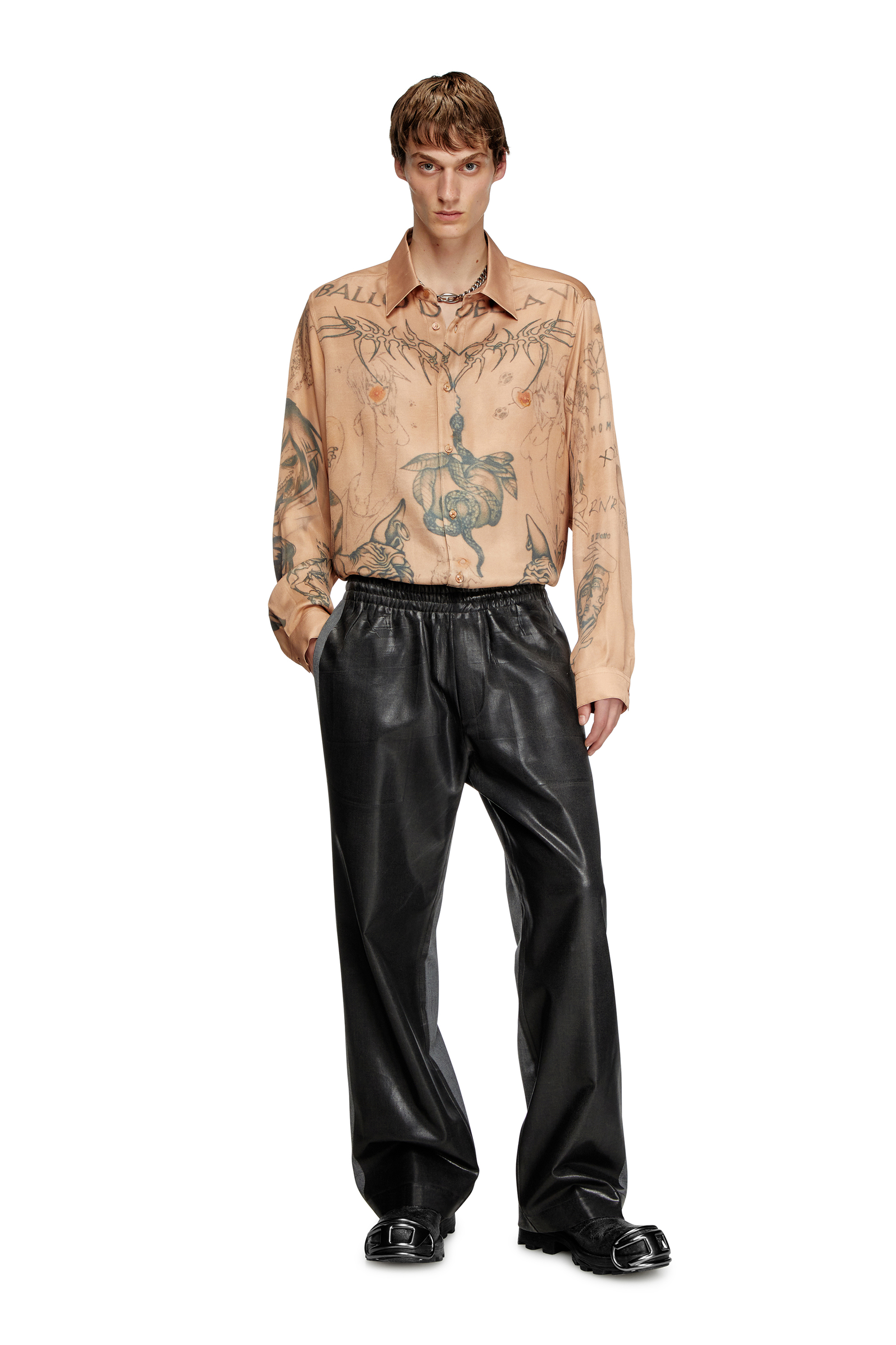 Diesel - S-SIMPLY-TTO-DD, Unisex's Fluid satin shirt with tattoo print in Beige - 2