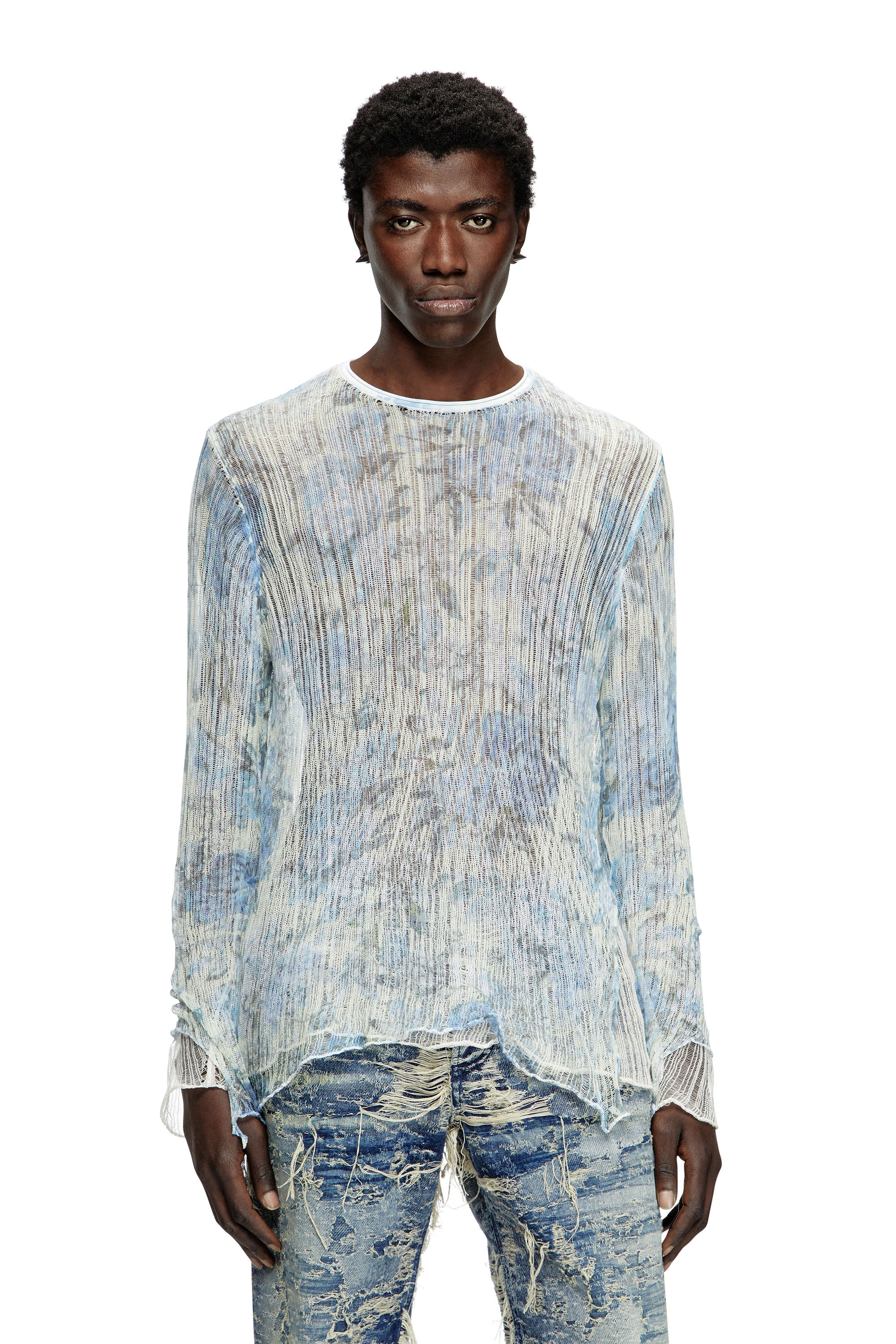 Diesel - K-AASMOS-A, Unisex's Dishevelled knit jumper with floral print in Light Blue - 1