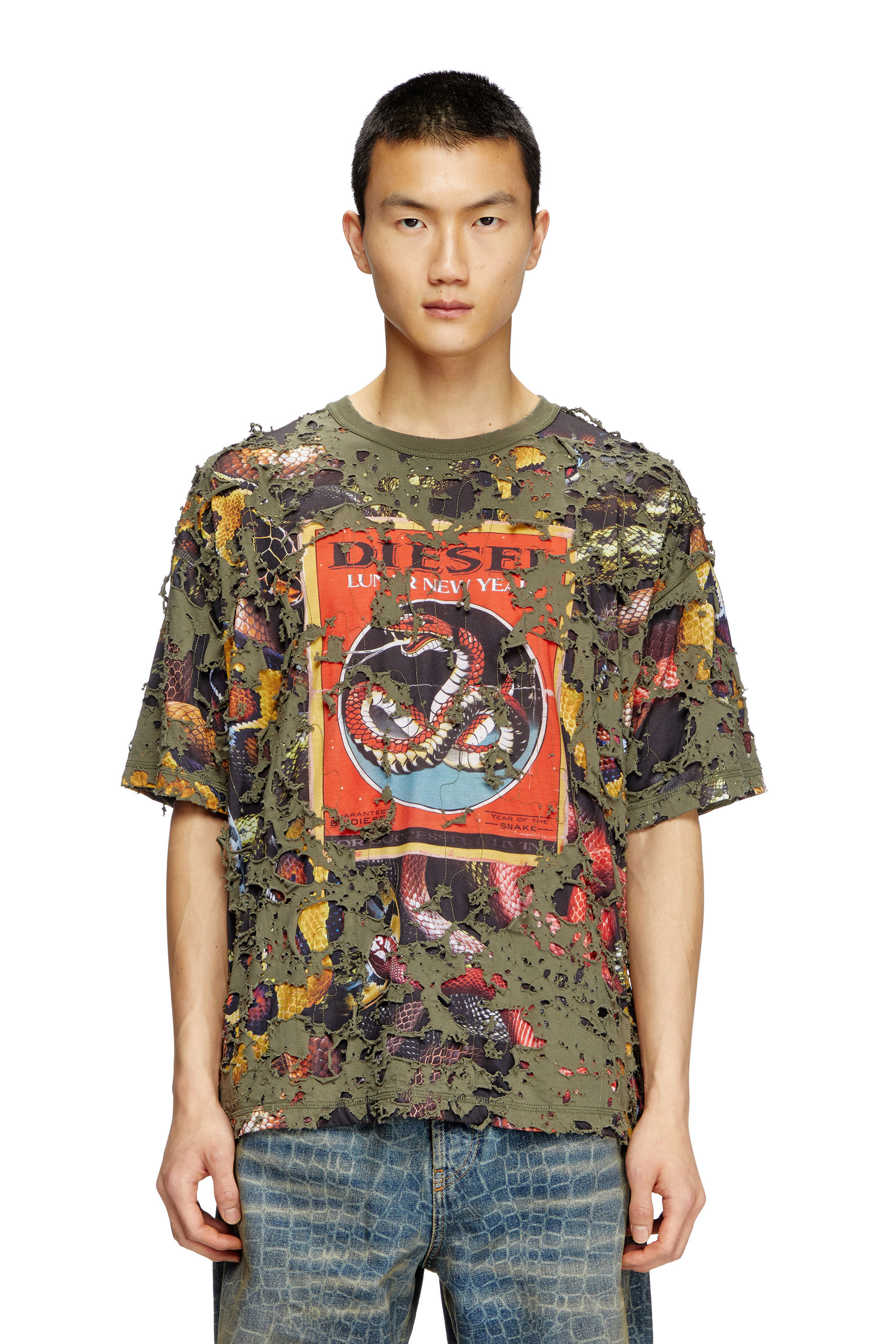 Diesel - CL-T-BOXT-DEVOR-SNAKE, Unisex's Snake-print T-shirt with destroyed overlay in Olive Green - 1