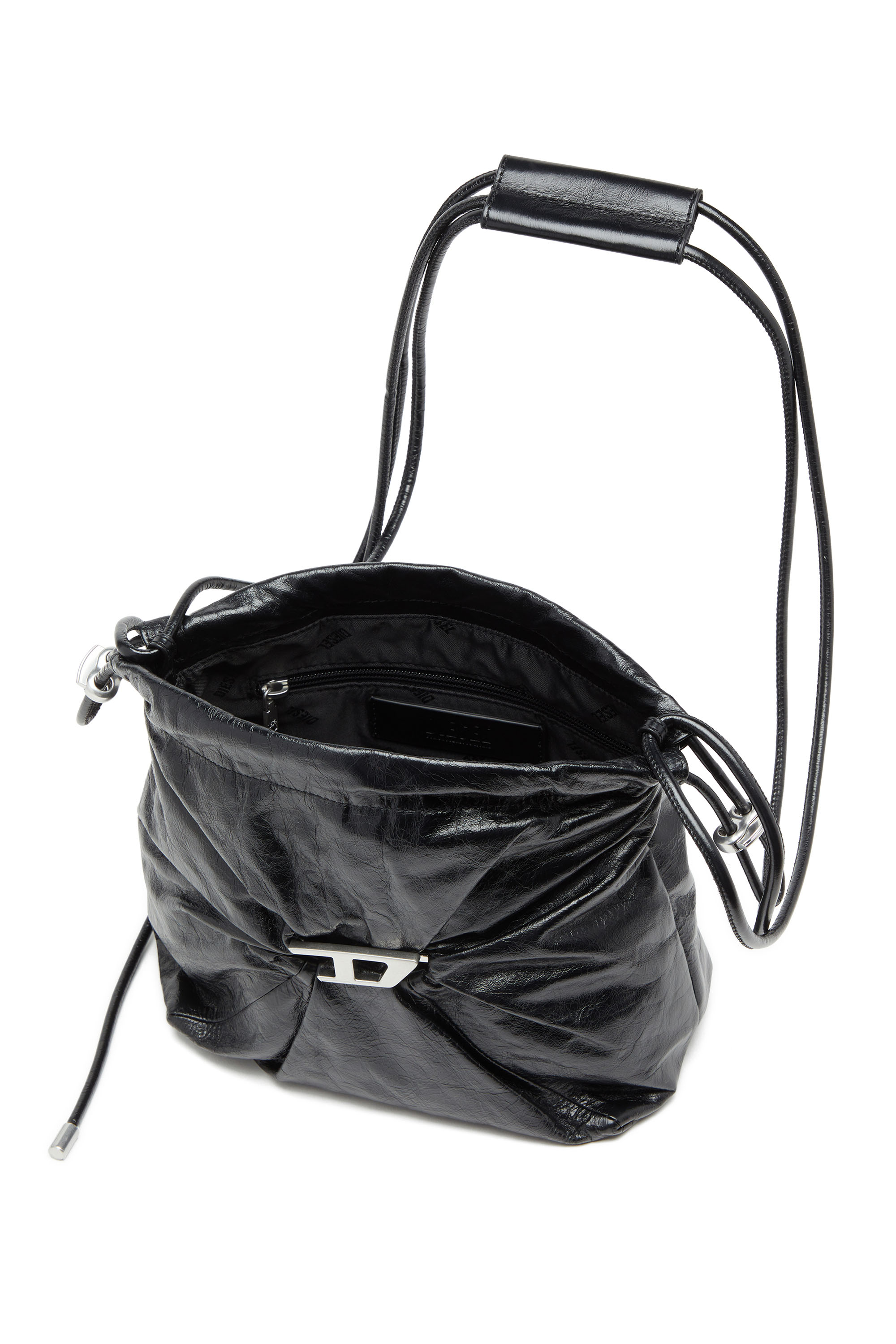 Diesel - SCRUNCH-D BUCKET, Woman's Scrunch-D-Bucket bag in shiny wrinkled leather in Black - 4