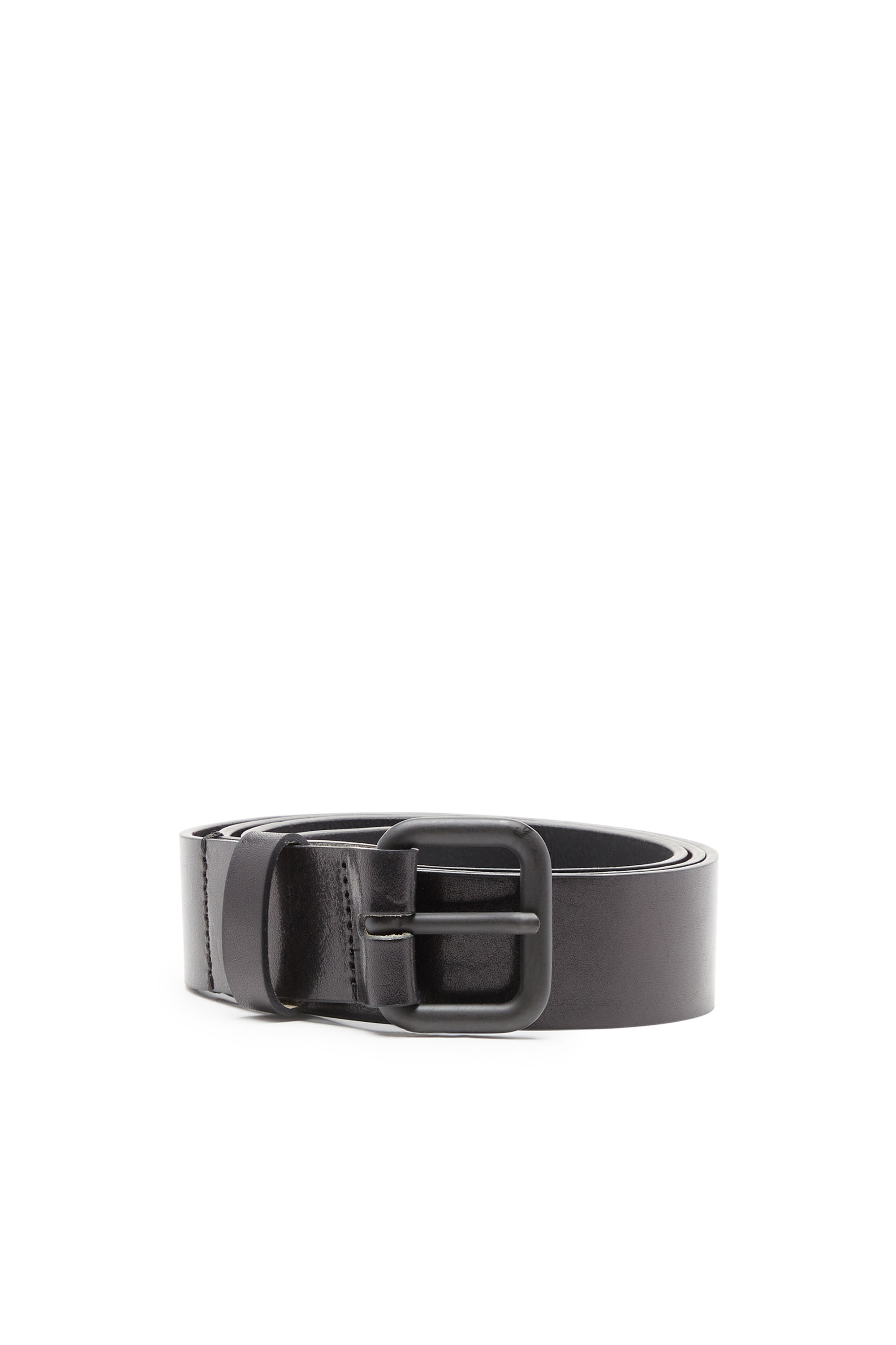 Leather belt with metal logo insert