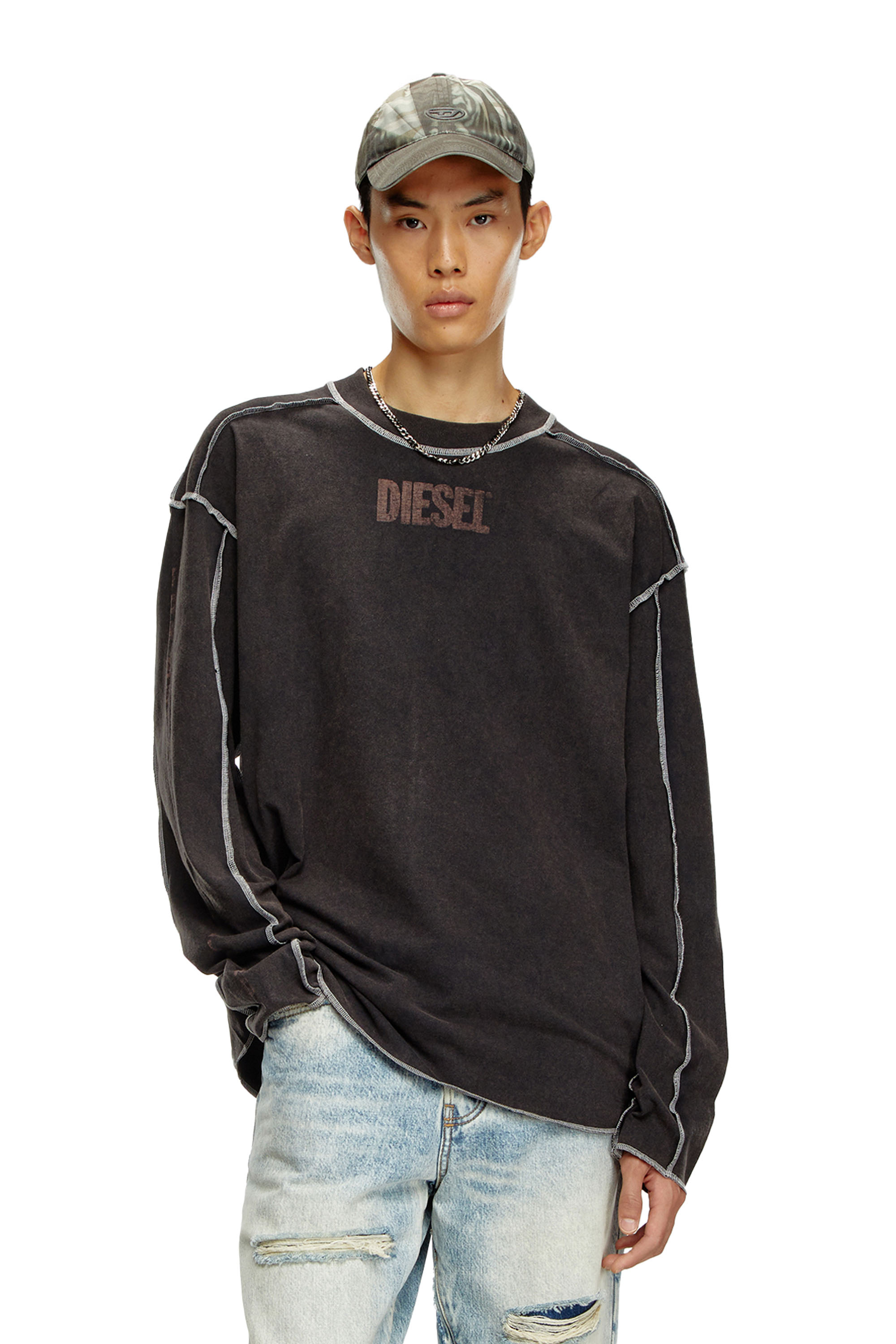 Diesel - T-CRAOR-LS, Man's Long-sleeve T-shirt with inside-out effect in Dark grey - 1