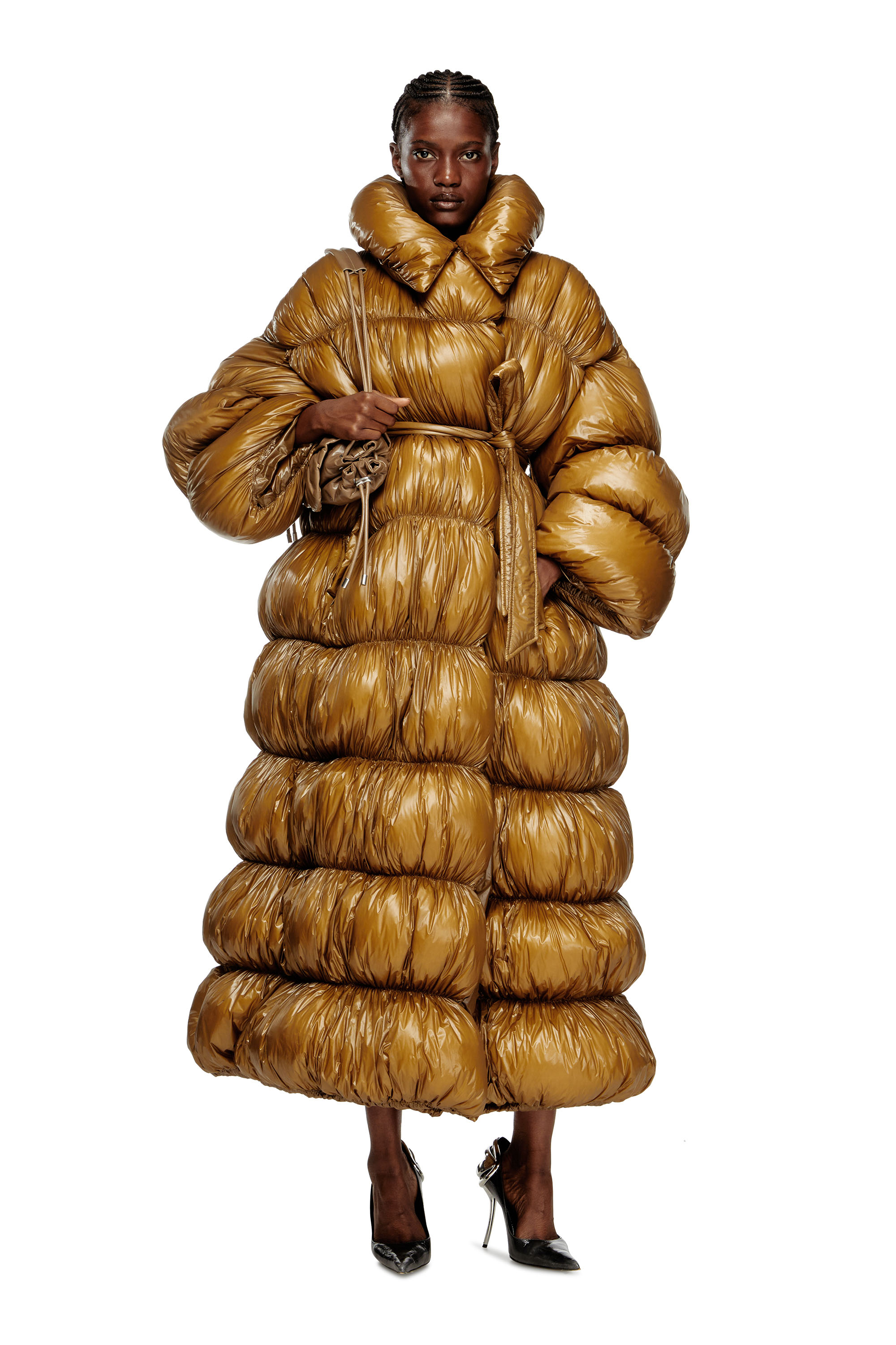 Diesel - W-INONA-LONG, Woman's Quilted down coat with belt in Brown - 2