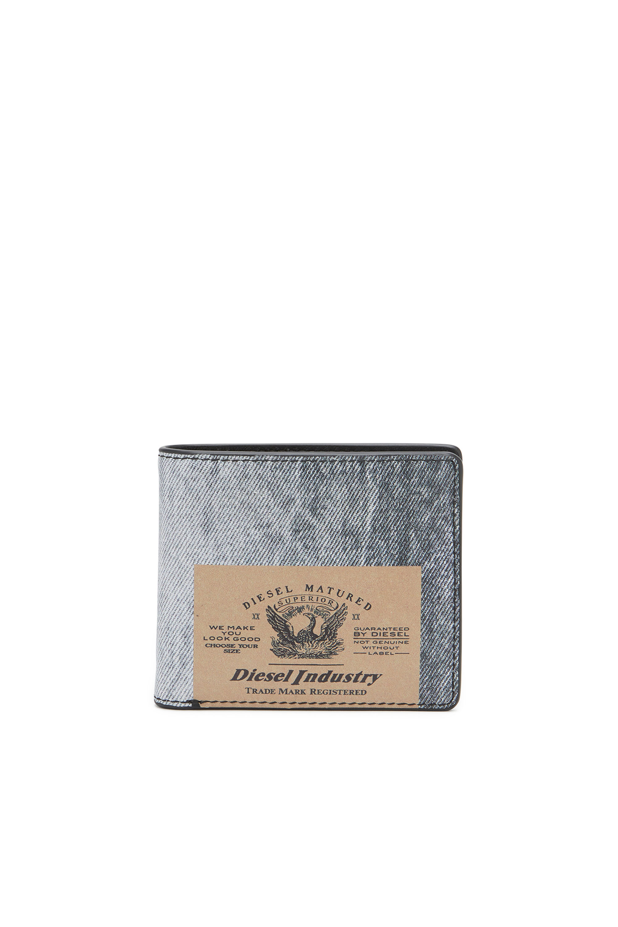 Leather bi-fold wallet with denim print