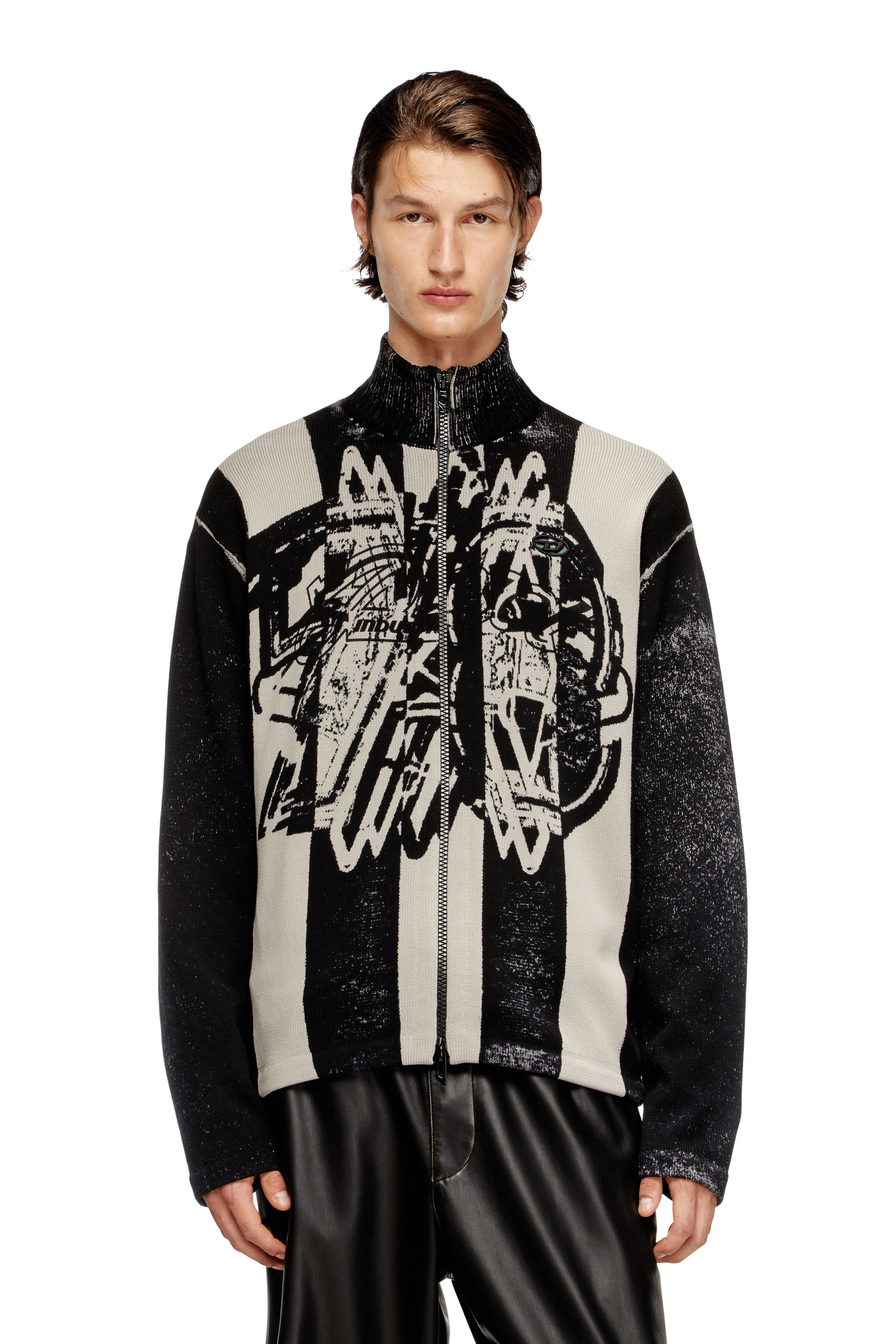 Diesel - K-OLIBA-JKT, Man's Inside-print striped zipped cardigan in Black/White - 1