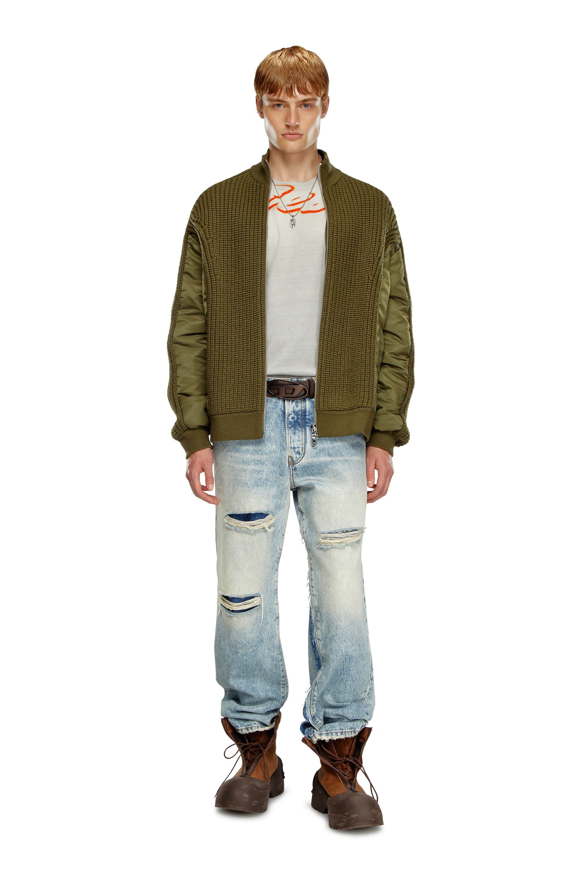 Diesel - K-ARRE, Man's Zip-up cardigan in wool and nylon in Military Green - 2