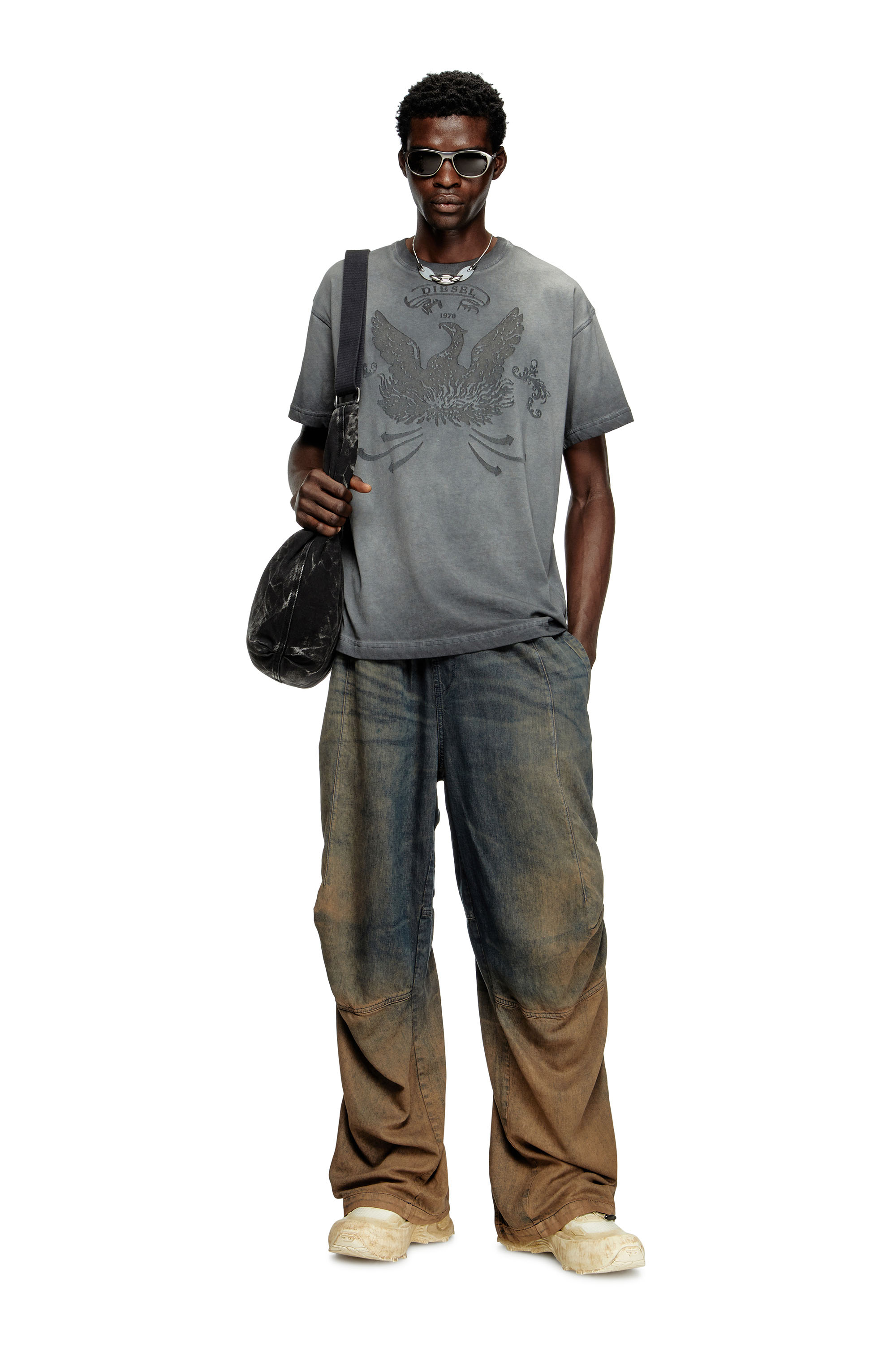 Diesel - T-NORM-T9, Man's T-shirt with phoenix devoré in Grey - 1