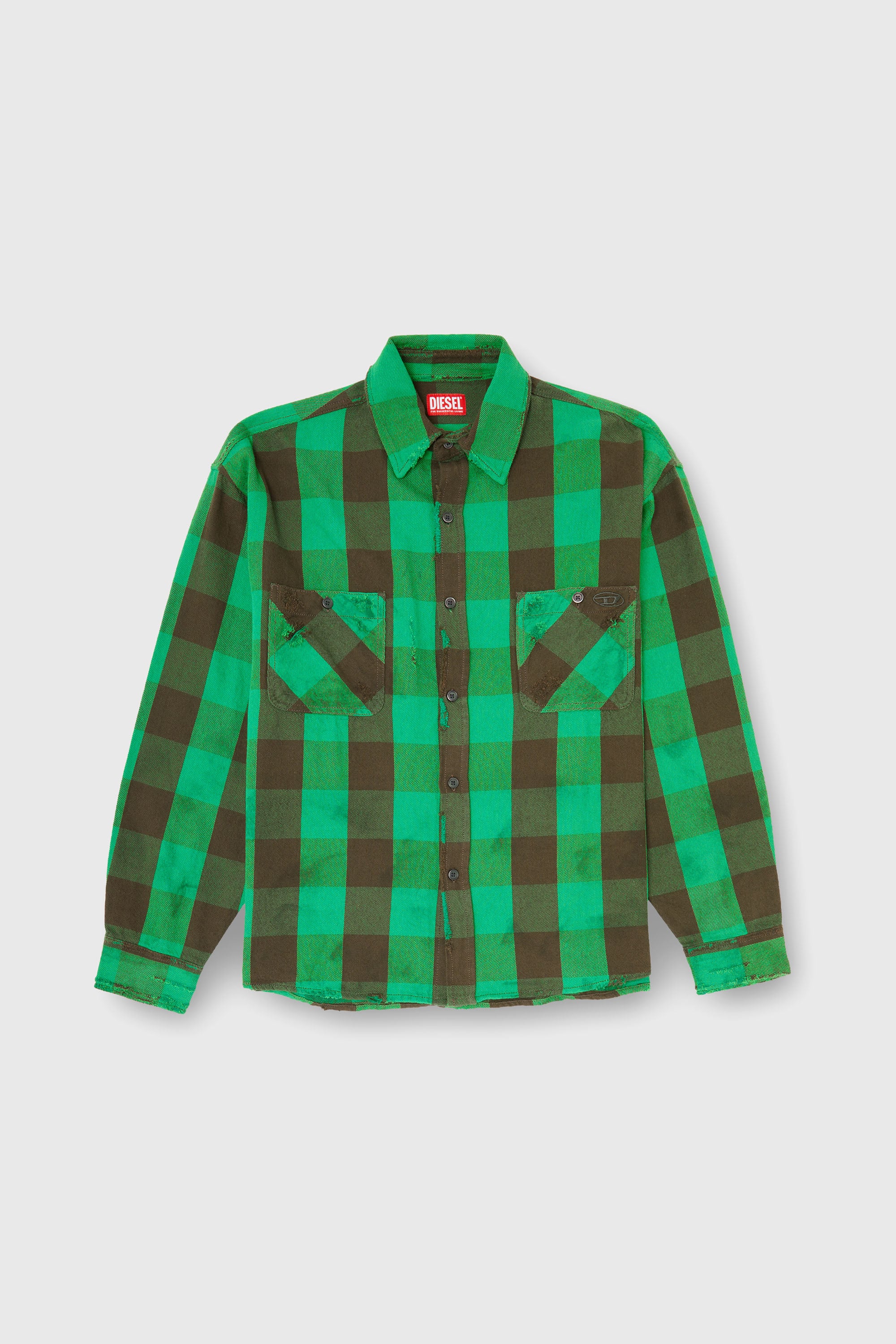 Diesel - S-DRUM, Man's Check flannel shirt with distressed effect in Brown/Green - 1