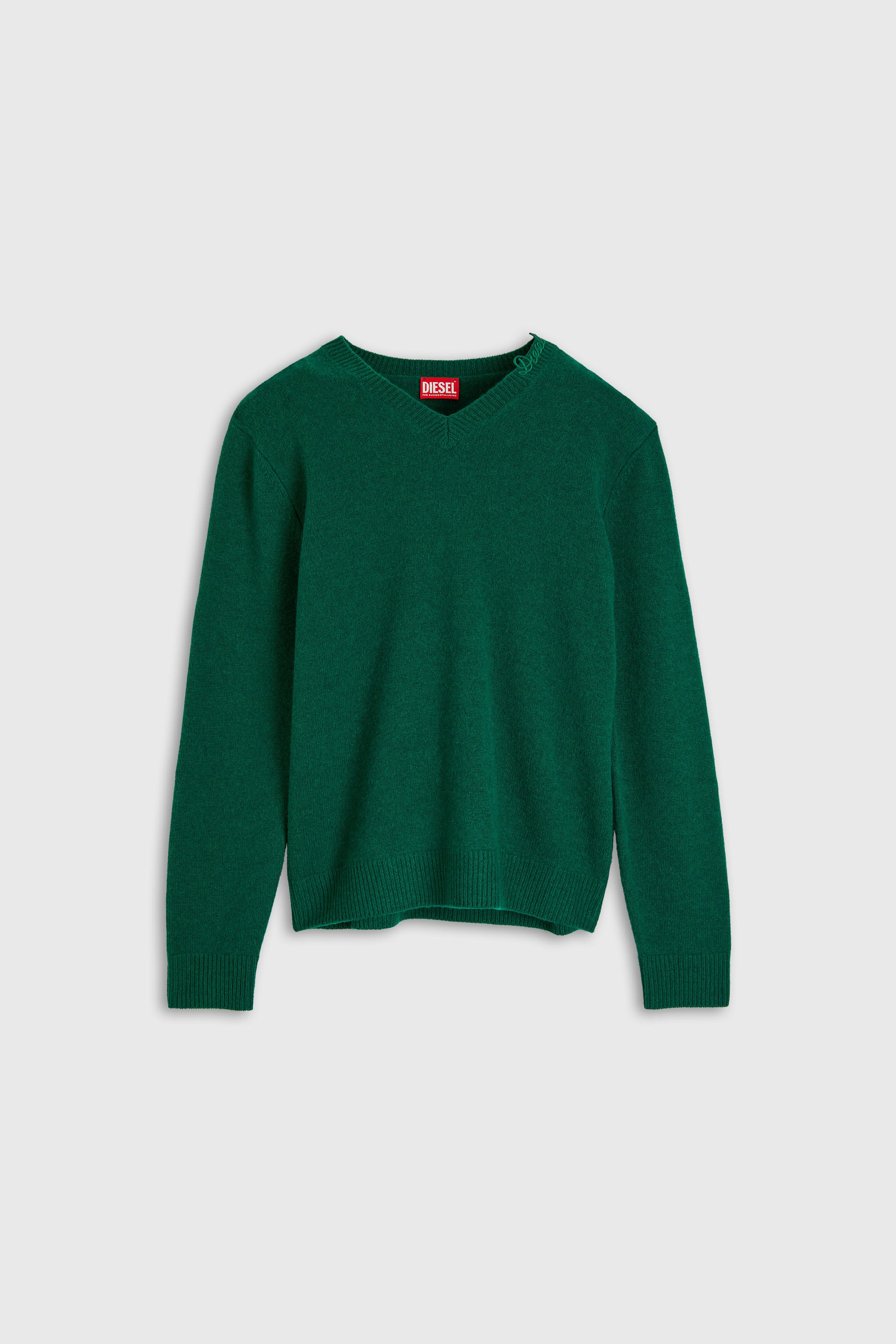 Diesel - K-IMER, Man's Wool V-neck jumper with neck logo in Green - 1