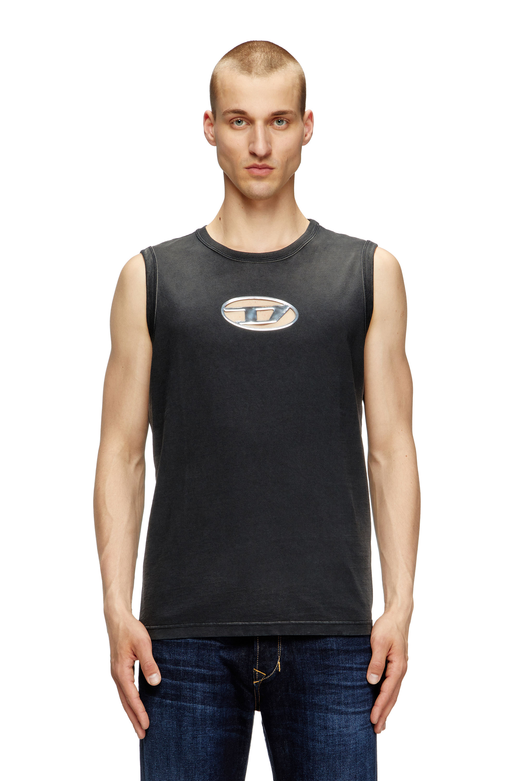 Diesel - T-BRICO, Man's Faded tank top with puffy Oval D in Black - 1
