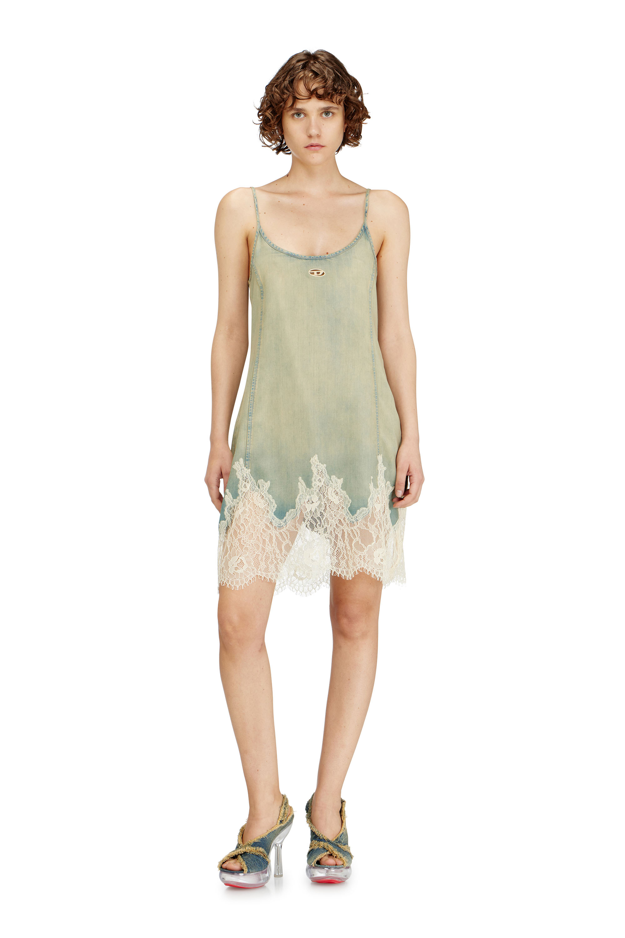 Diesel - DE-ODRY-S, Woman's Mini dress in lace denim in Blue/White - 2