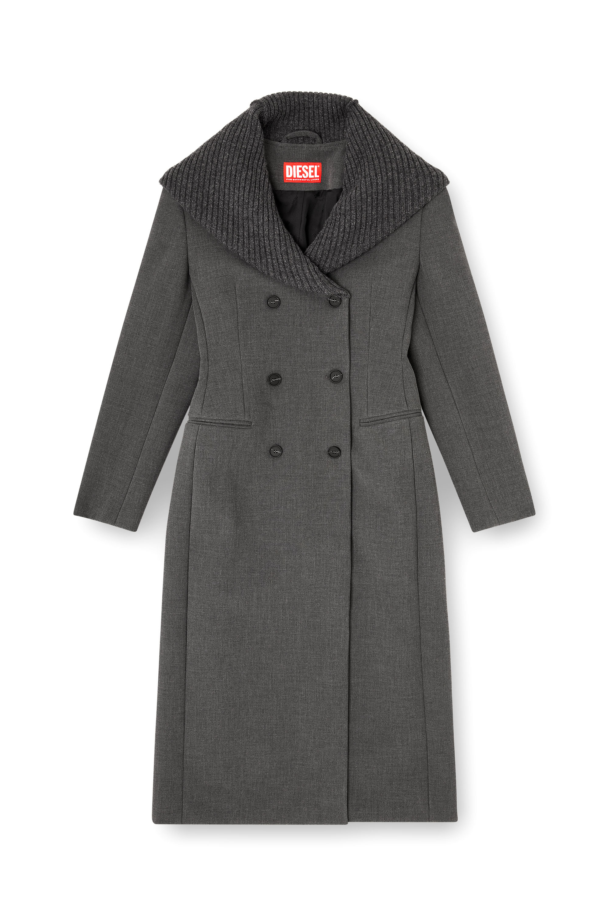 Diesel - G-OLDEN-LONG, Woman's Long hourglass coat with knitted cowl hood in Grey - 3