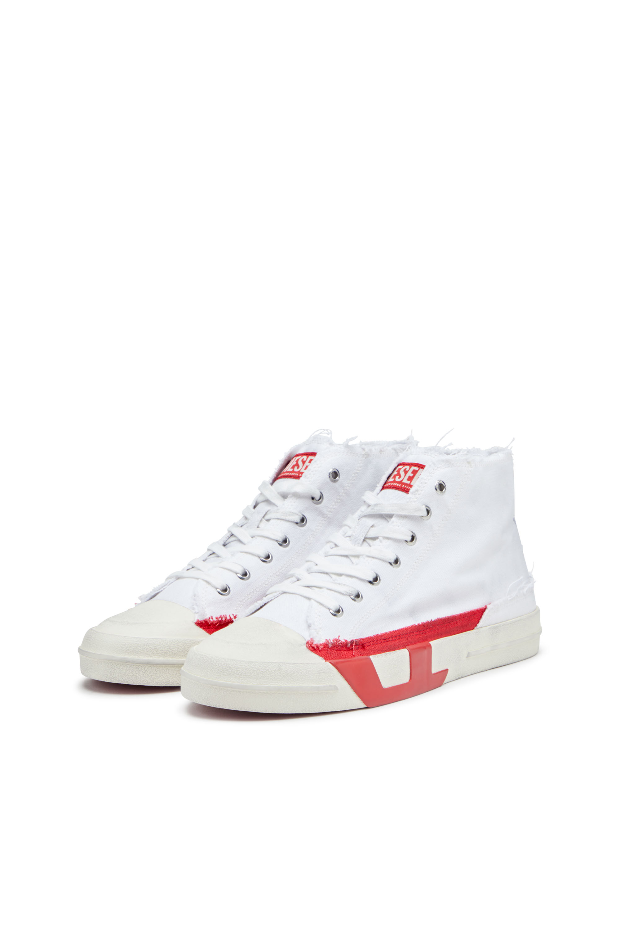 S-D-VERSE MID, White/Red Diesel - S-D-VERSE MID, Man's S-D-Verse-Dirty-effect high-top canvas sneakers in White/Red - 8
